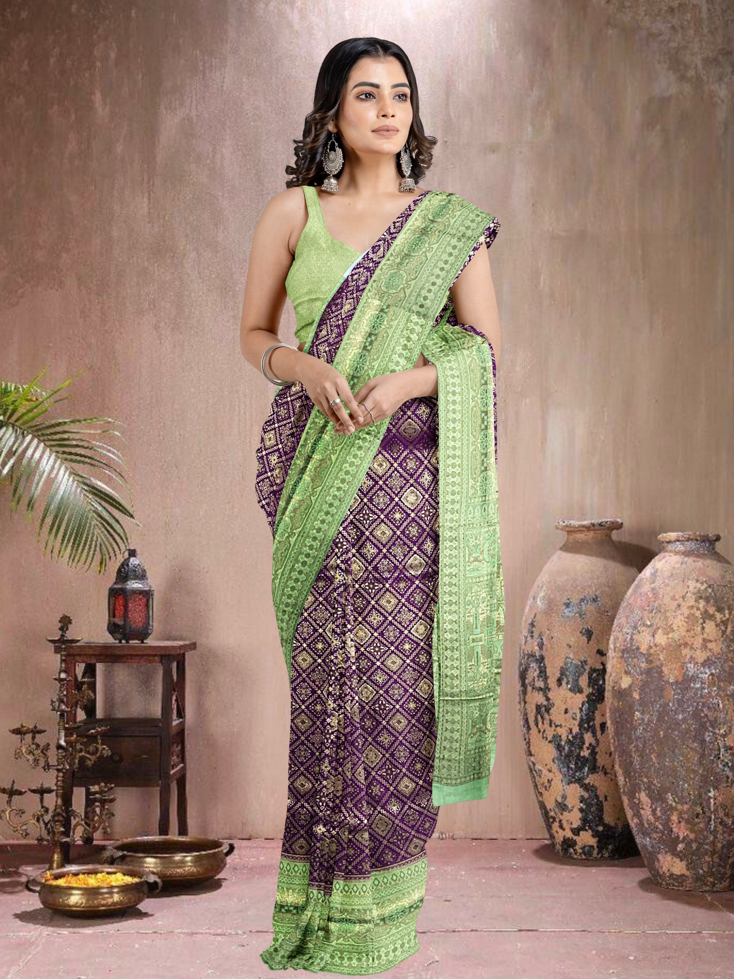 Purple-Green Elegance – Satin Brocade Saree (PU-PG-519013)