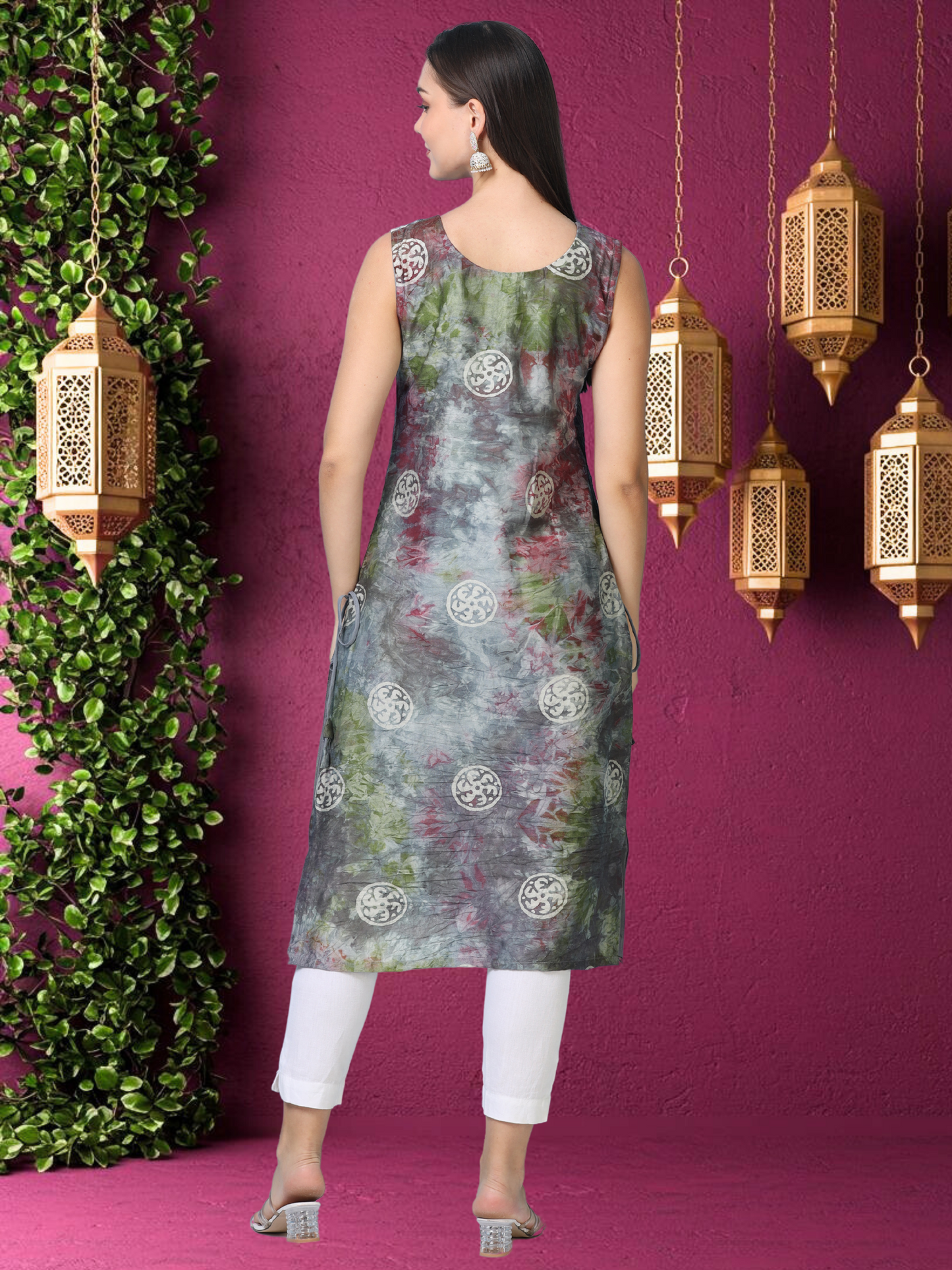 Mystic Teal Swirl – Shibori Silk-Blend Sleeveless Kurti (1JD-5-A4)
