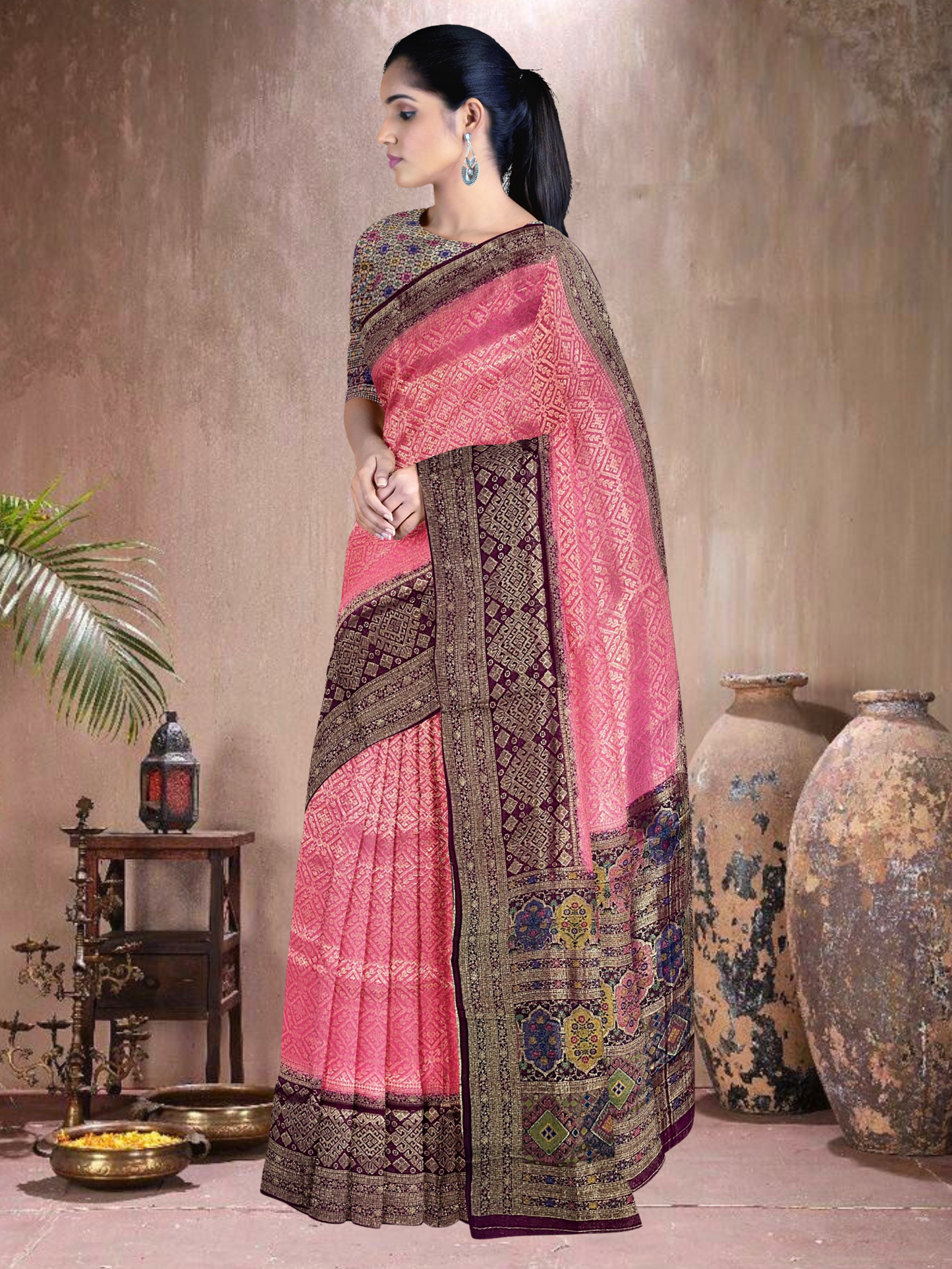 Rani-Brown Elegance – Satin Brocade Saree with Meena Kari (RP-BR-519004)