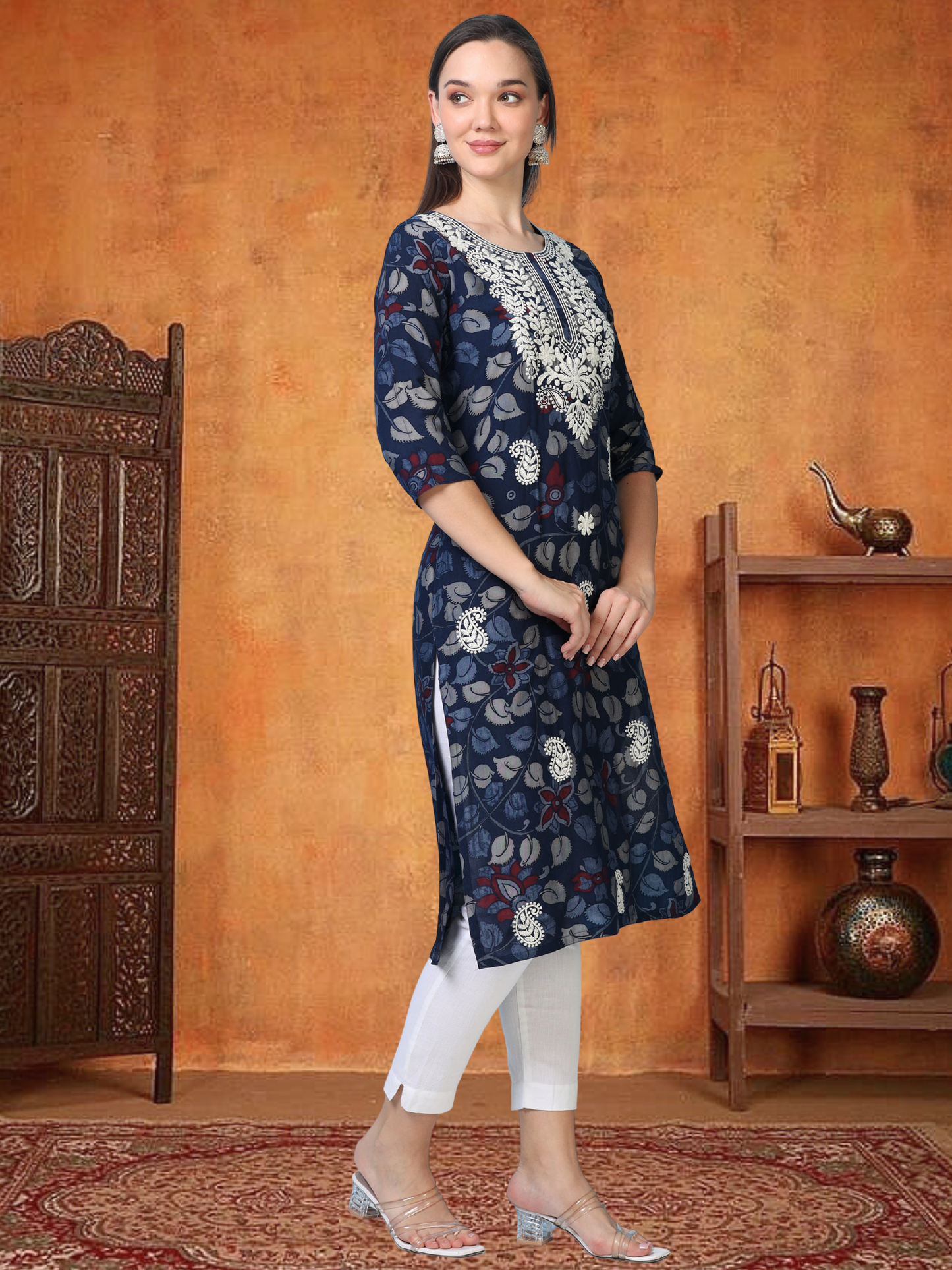 Indie Blend – Navy Blue Kalamkari & Chikankari Cotton Kurti (1NH-6-A12)