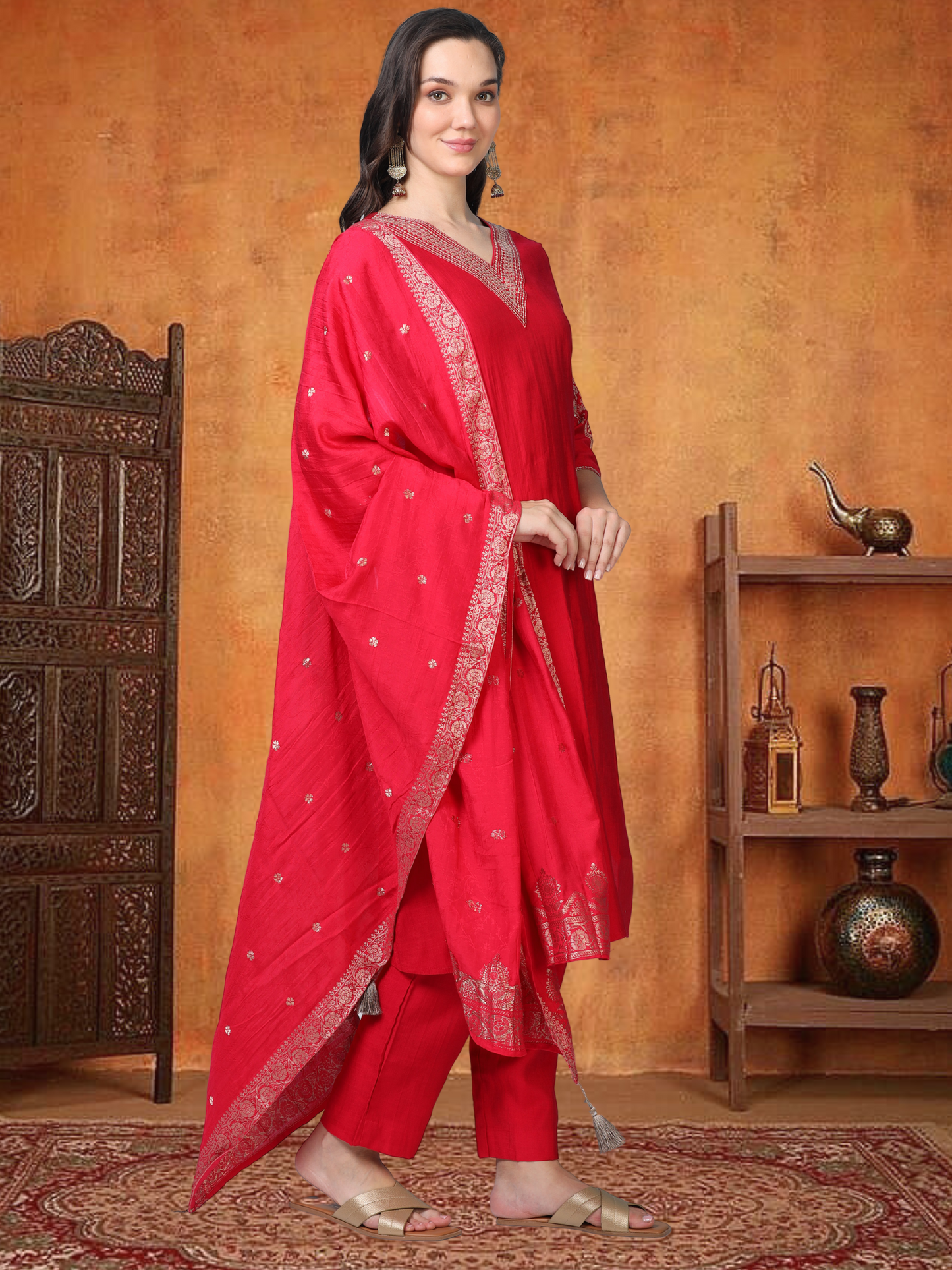 Red Hour – Raw Cotton & Banarasi Silk-Blend 3-Piece Set (1NH-2-C11)