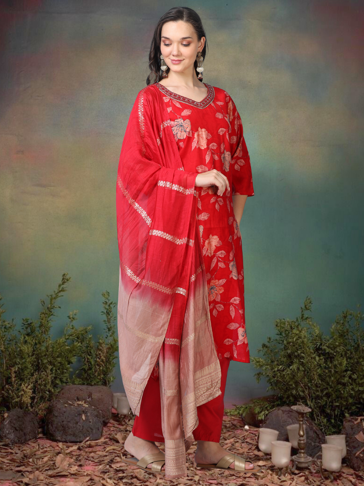 Scarlet Soirée – Red Printed Viscose-Cotton 3-Piece Set (1KI-2-C1)