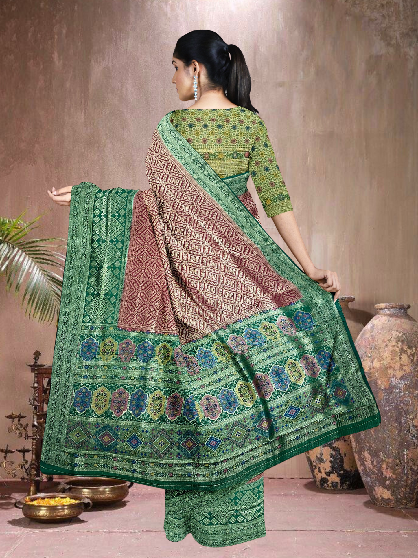 Maroon-Green Grace – Satin Brocade Saree with Meena Kari (M-G-519004)