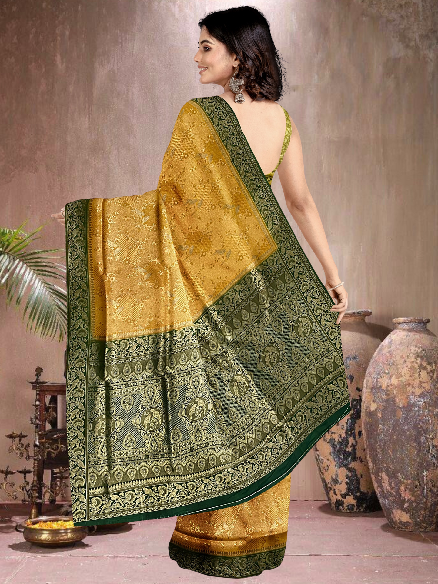 Mustard-Green Charm – Satin Brocade Saree (MU-G-519012)