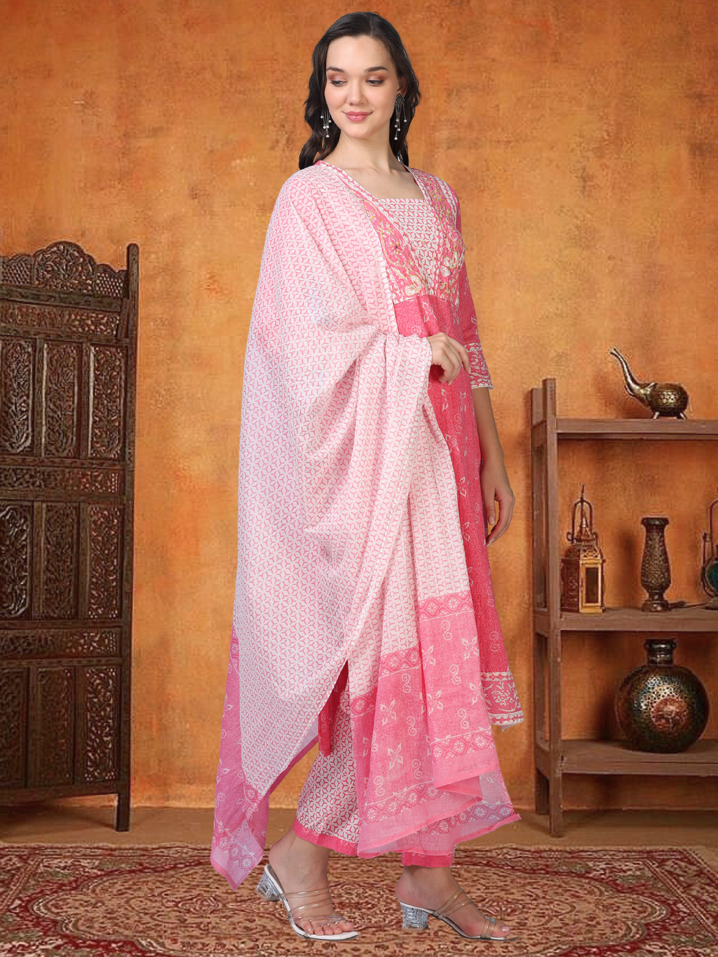 Blush Bloom – Pink Printed Cotton 3-Piece Set (2DF-2-C10)