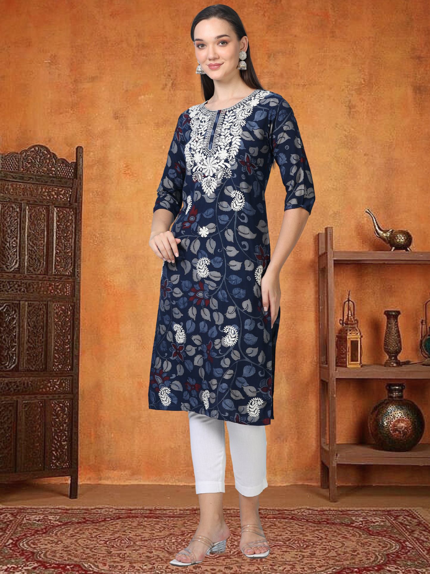 Indie Blend – Navy Blue Kalamkari & Chikankari Cotton Kurti (1NH-6-A12)