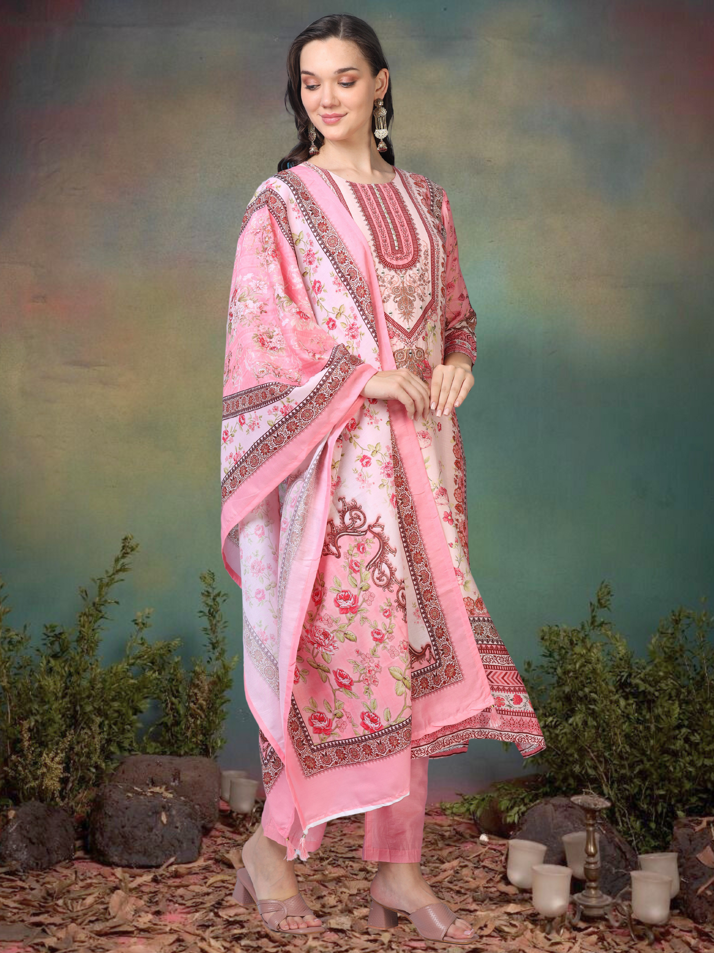 Print Paradise – Pink Viscose-Cotton Digital Print 3-Piece Set (1KI-2-C9)