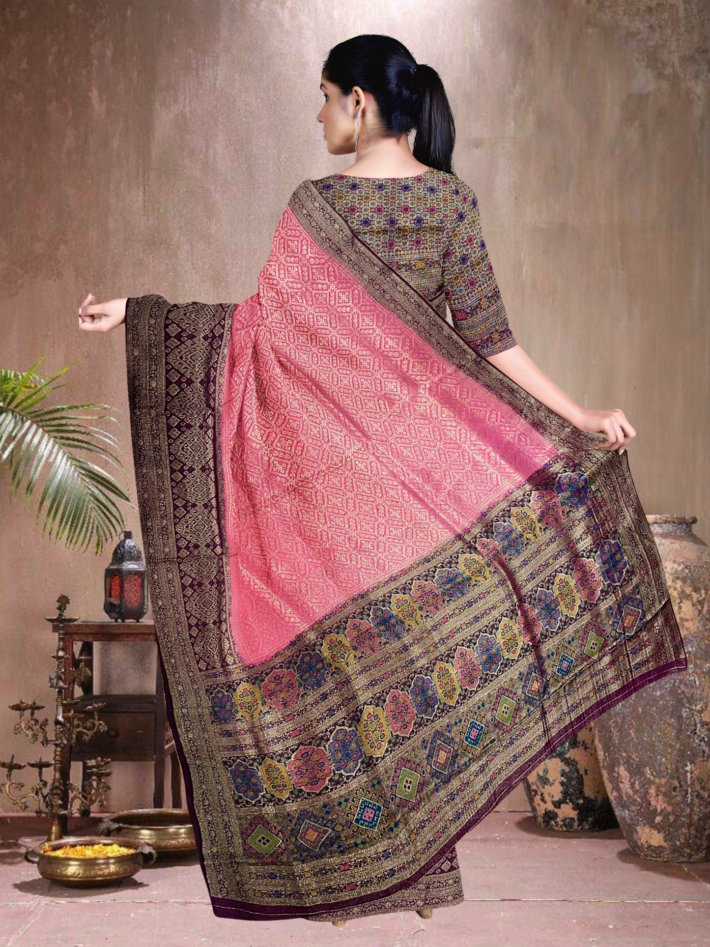 Rani-Brown Elegance – Satin Brocade Saree with Meena Kari (RP-BR-519004)