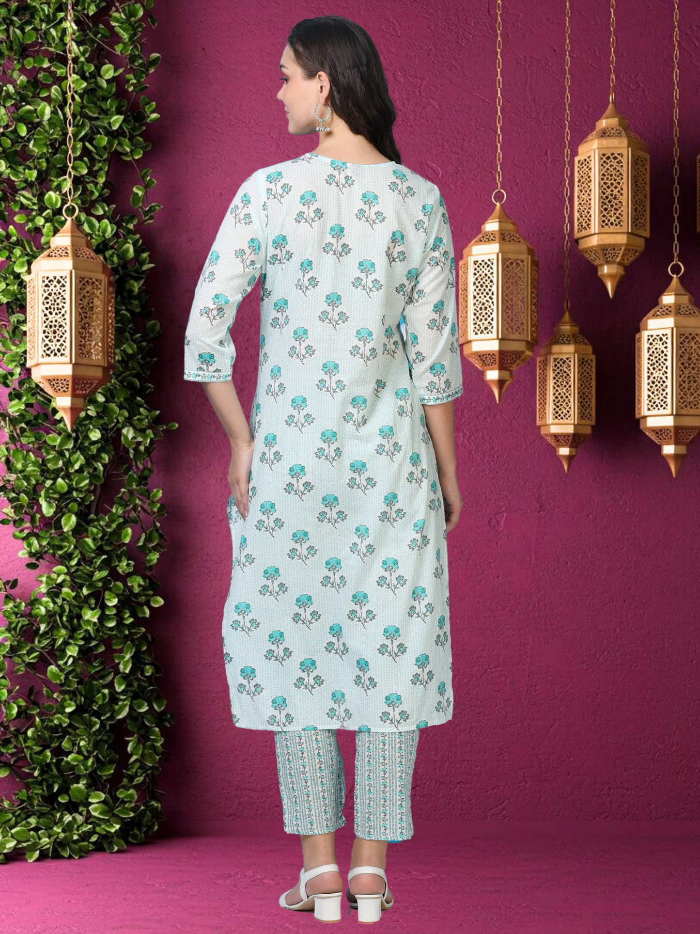 White & Blue Angrakha Cotton 3-Piece Set (2DF-6-C8)