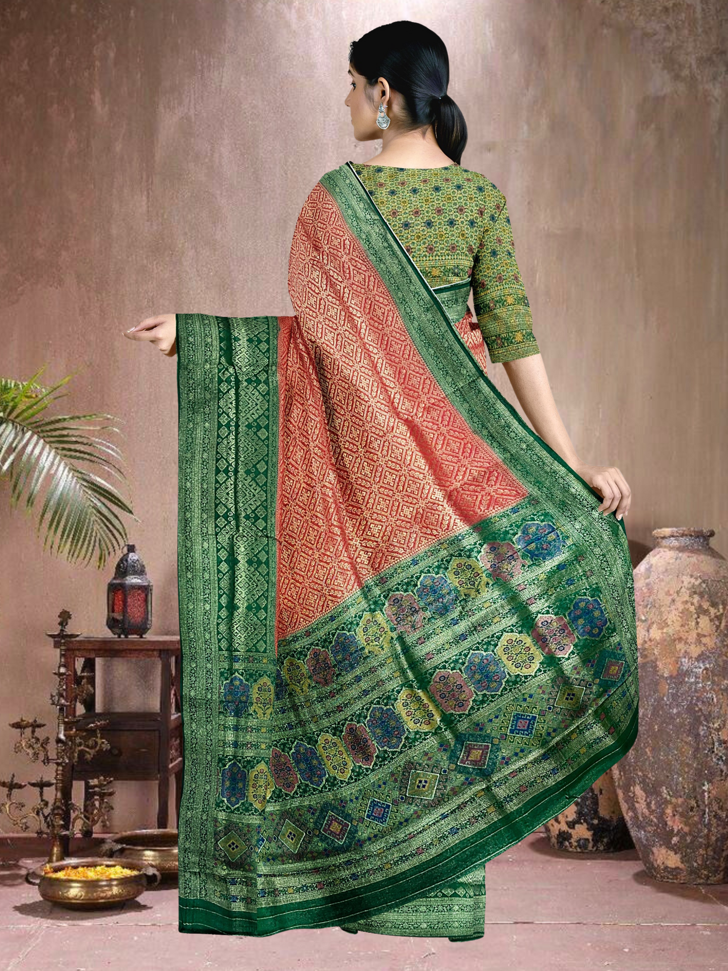 Red-Green Harmony – Satin Brocade Saree with Meena Kari (R-G-519004)