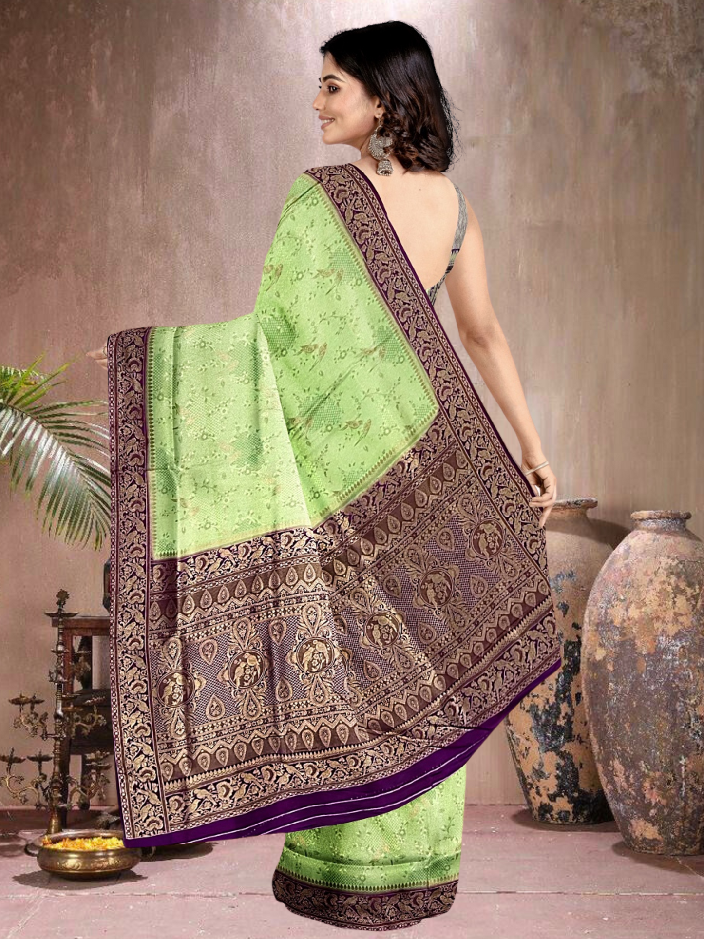 Green-Purple Radiance – Satin Brocade Saree (PU-PG-519012)