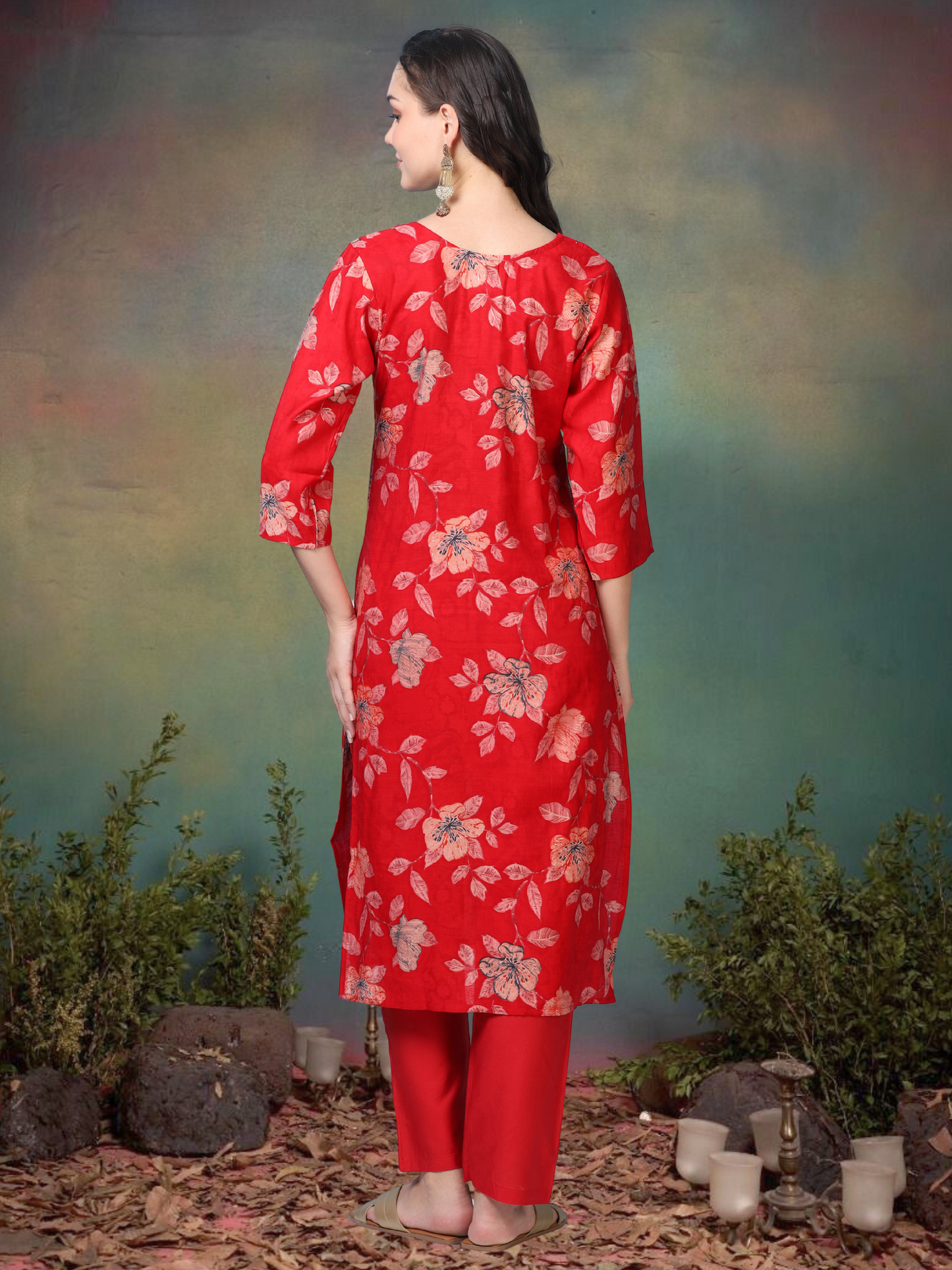 Scarlet Soirée – Red Printed Viscose-Cotton 3-Piece Set (1KI-2-C1)