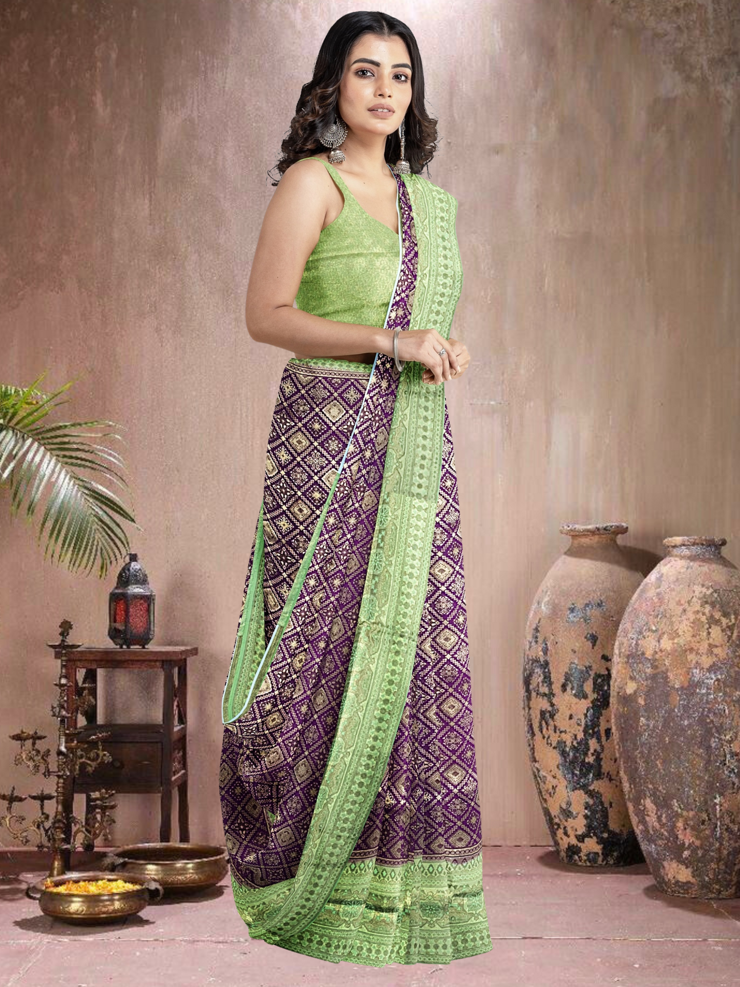 Purple-Green Elegance – Satin Brocade Saree (PU-PG-519013)