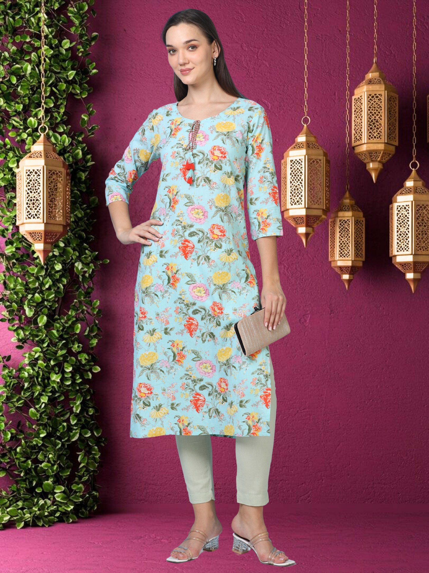 Bloom Flower – Light Blue Printed Cotton Kurti (2TP-6-A6)