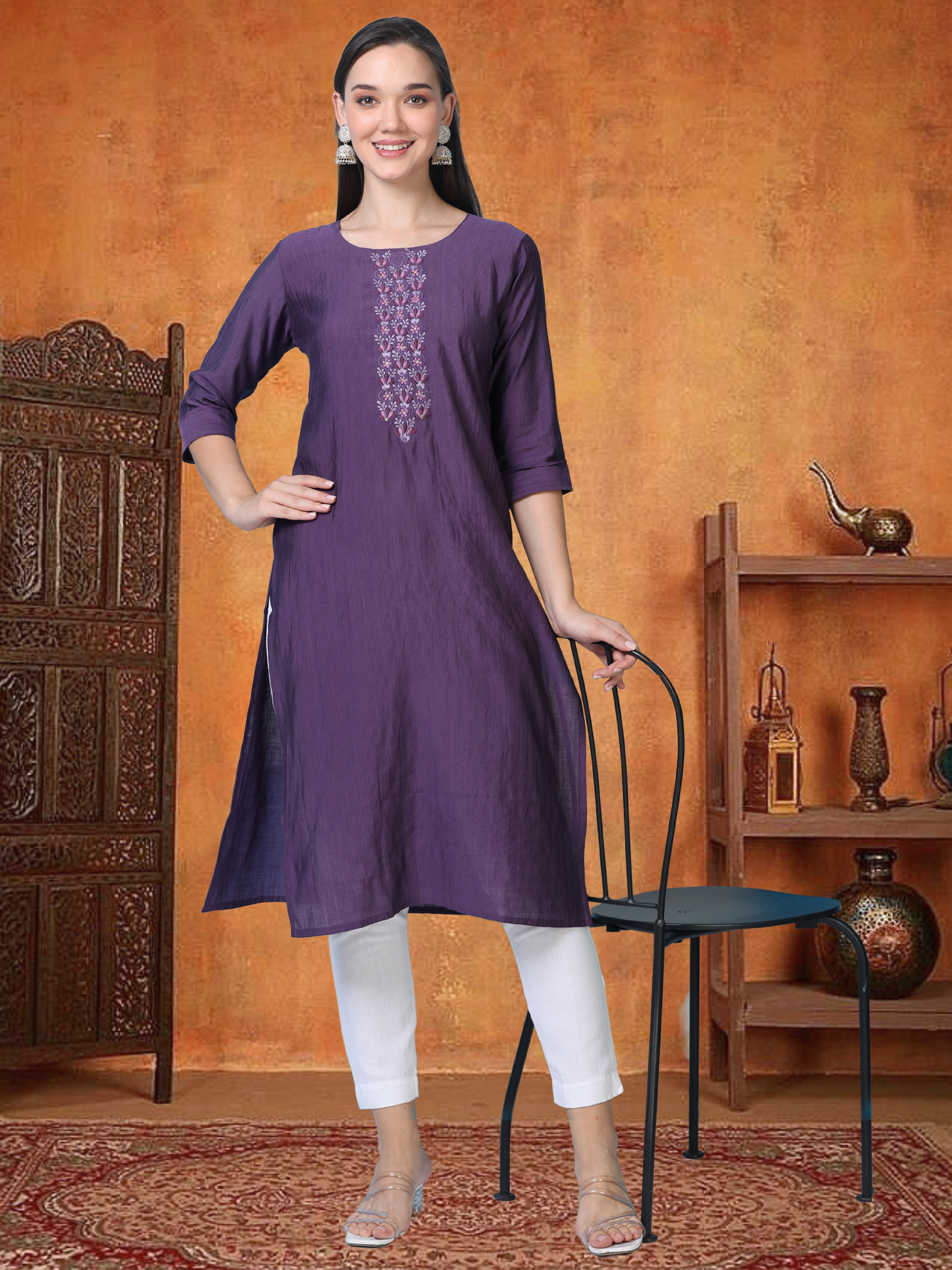 Wine Whisper – Embroidered Cotton Straight Kurti (1JD-7-A9)