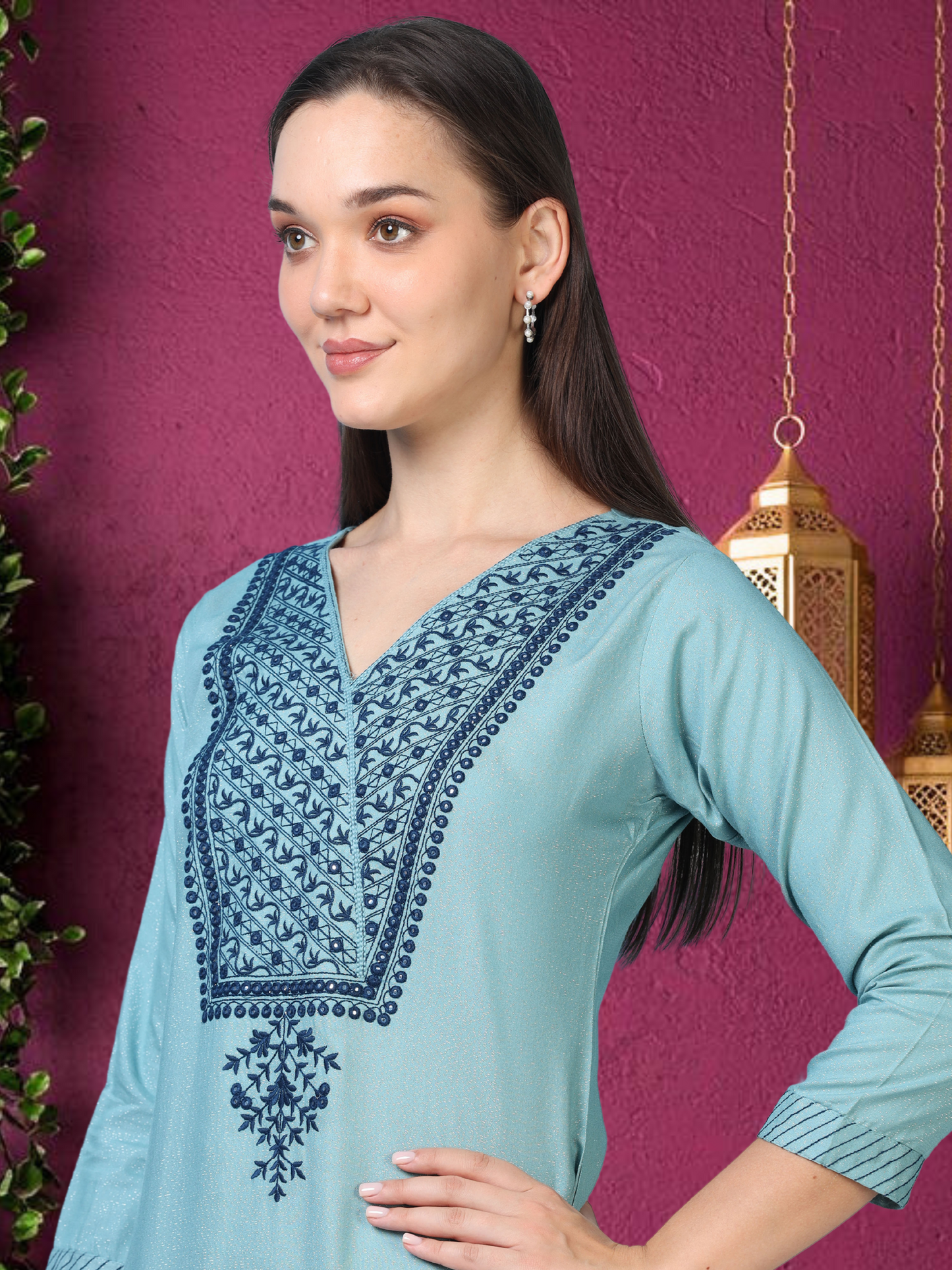 Blue Hush Glimmer – Embroidered Cotton-Tissue Kurti (1JD-6-A13)