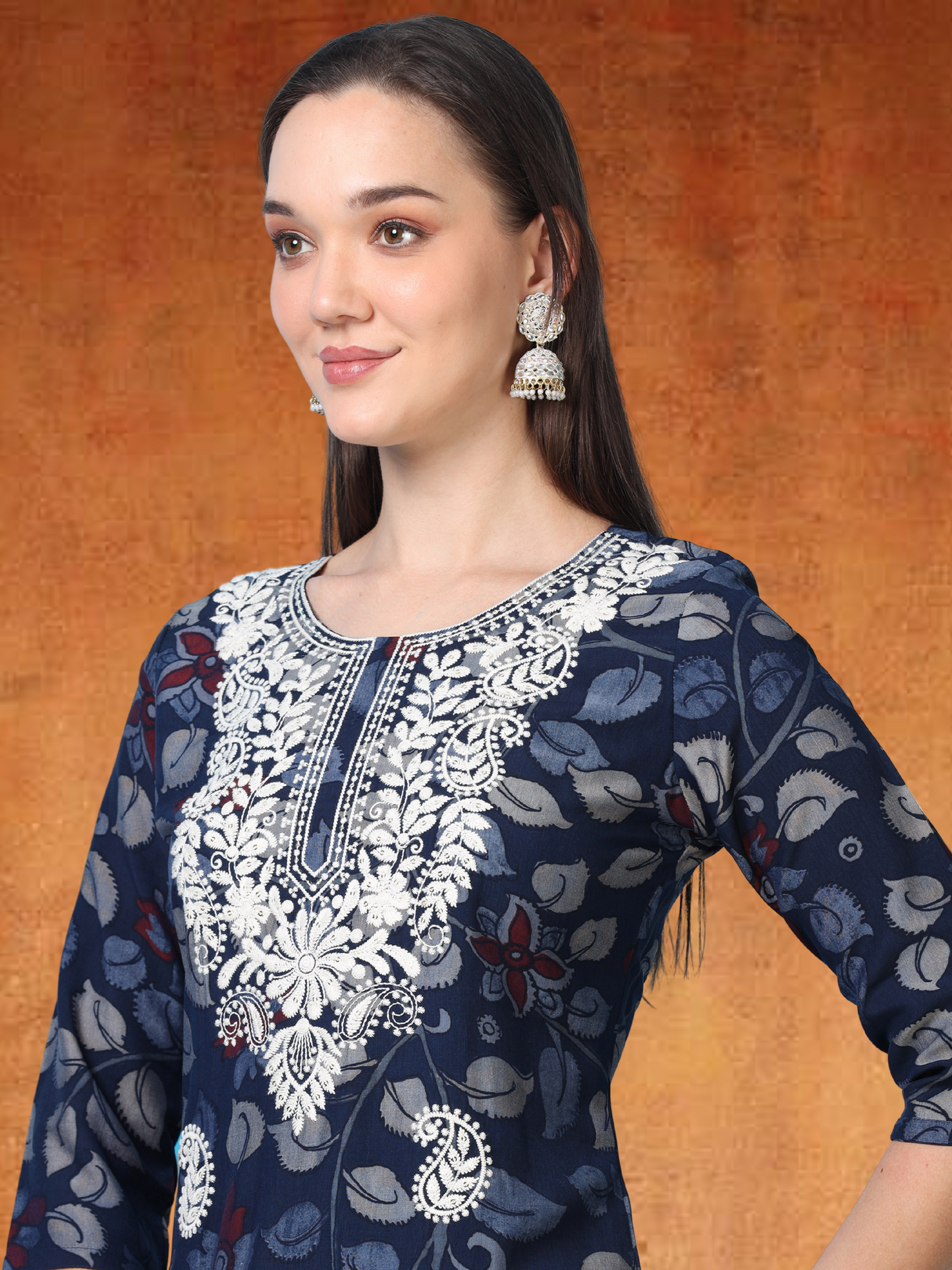 Indie Blend – Navy Blue Kalamkari & Chikankari Cotton Kurti (1NH-6-A12)