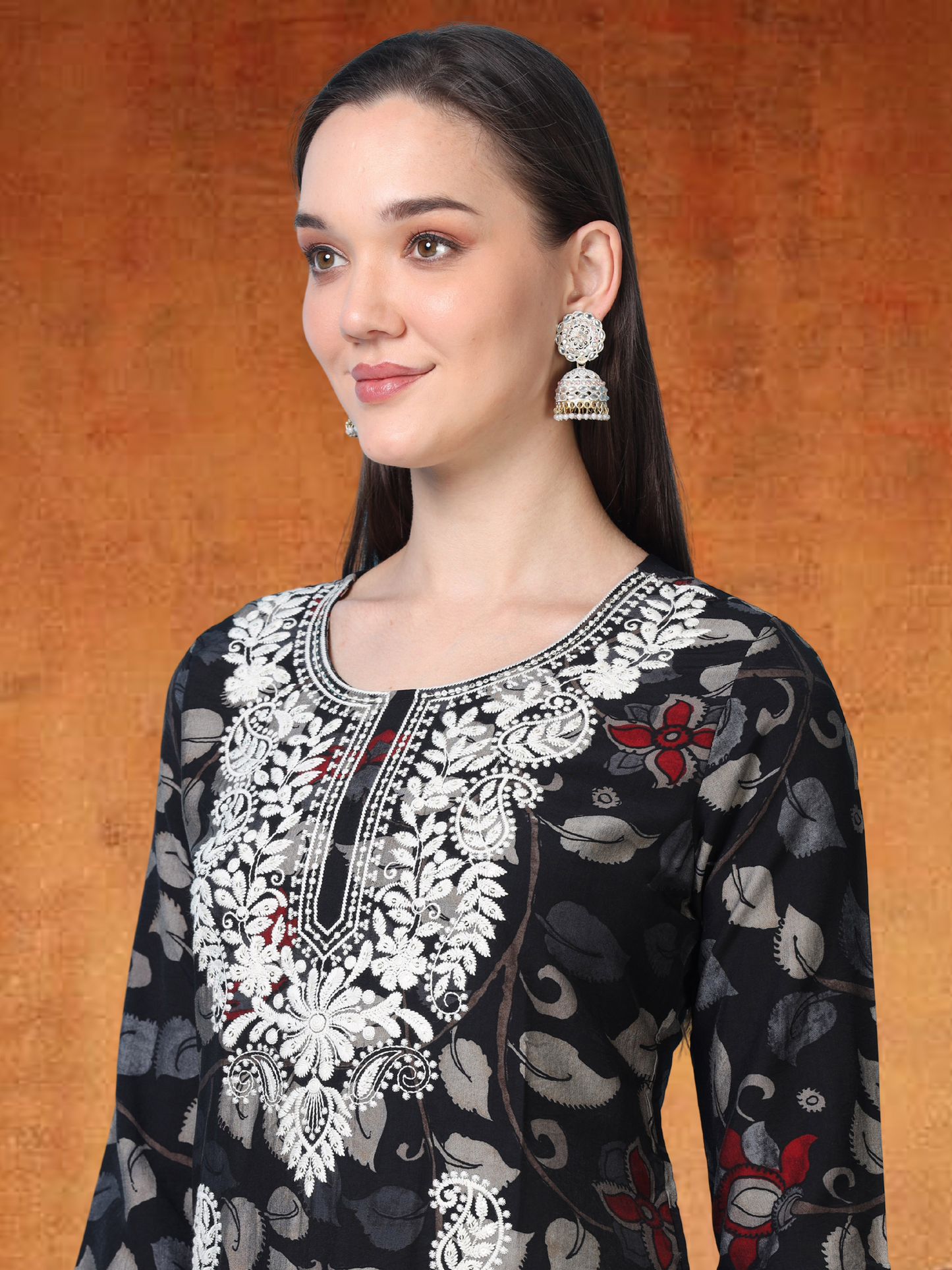 Noir Nazaara – Black Kalamkari & Chikankari Cotton Kurti (1NH-0-A13)