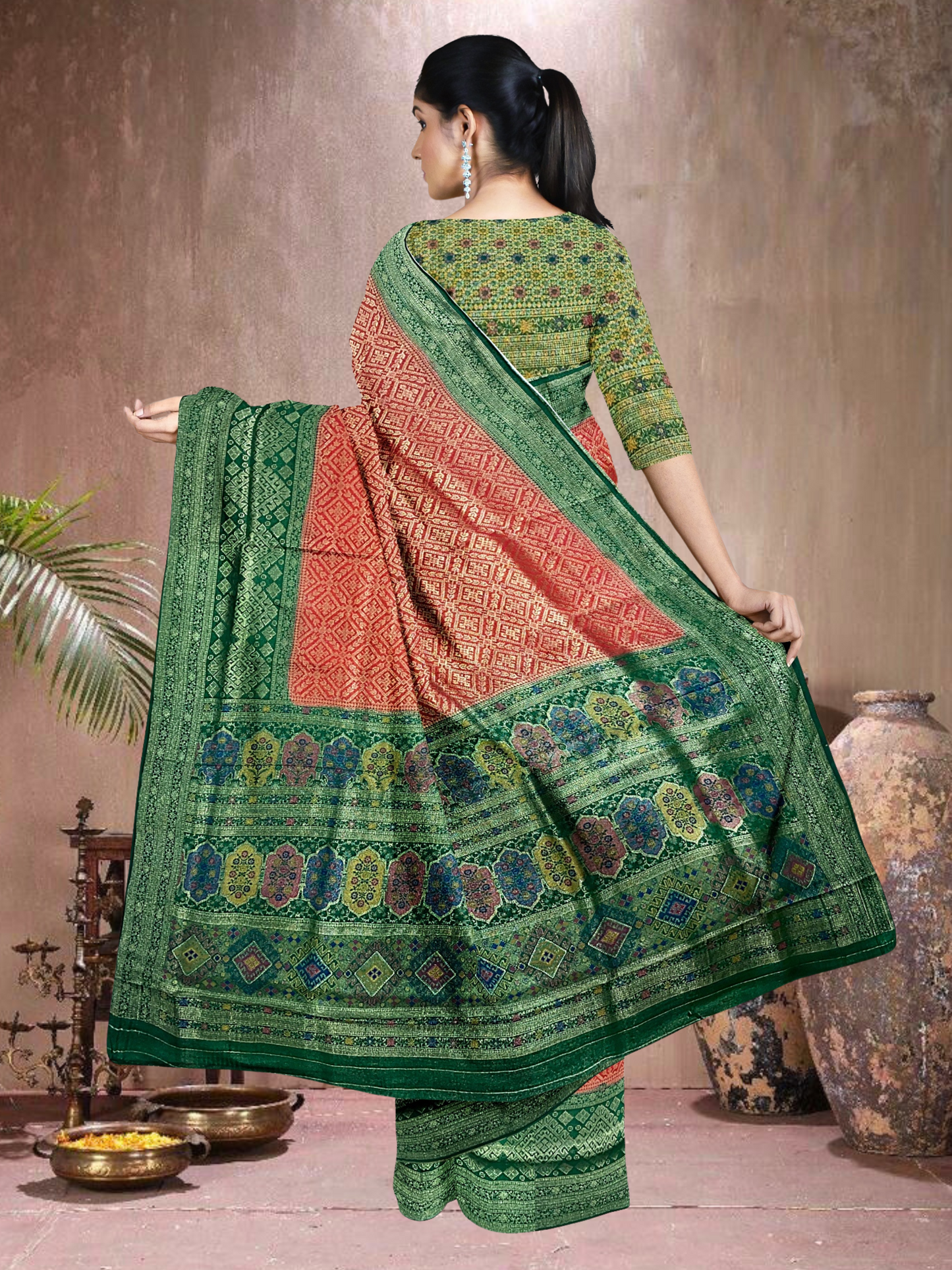 Red-Green Harmony – Satin Brocade Saree with Meena Kari (R-G-519004)
