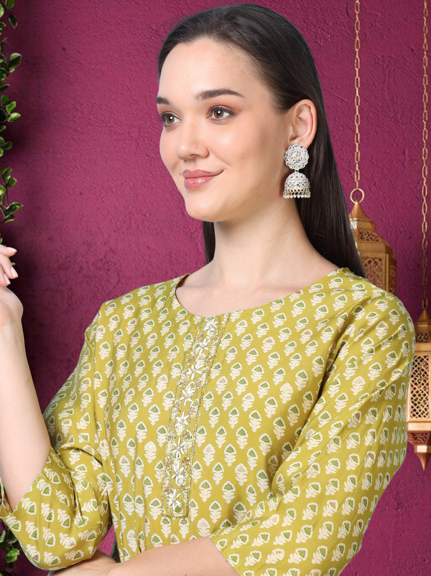 Olive Muse – Light Olive Printed Cotton Kurti with Cutdana Work (2AA-5-A7)