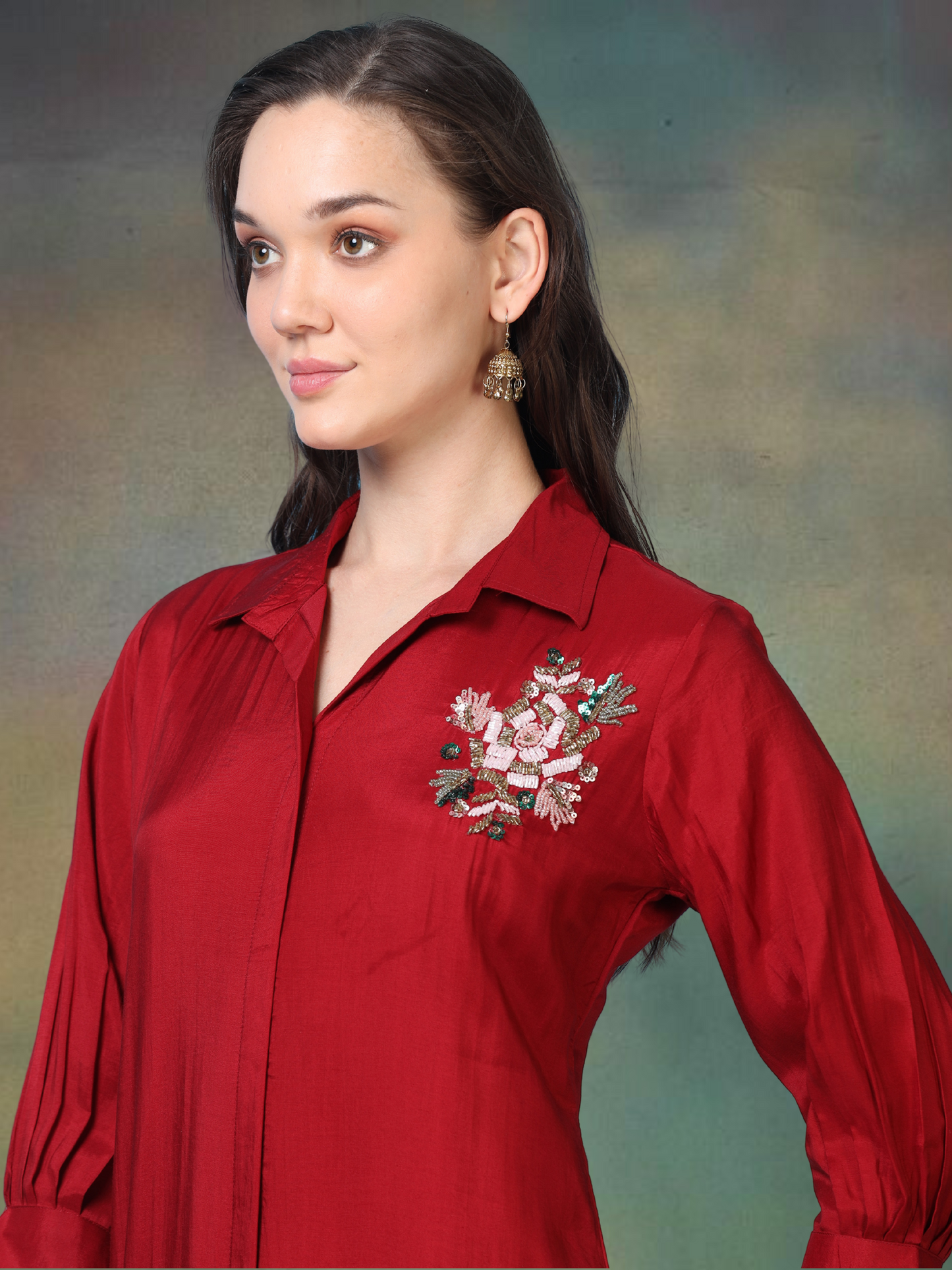Crimson Crush – Red Satin Silk-Blend Shirt Style Co-ord Set (1KB-2-B3)