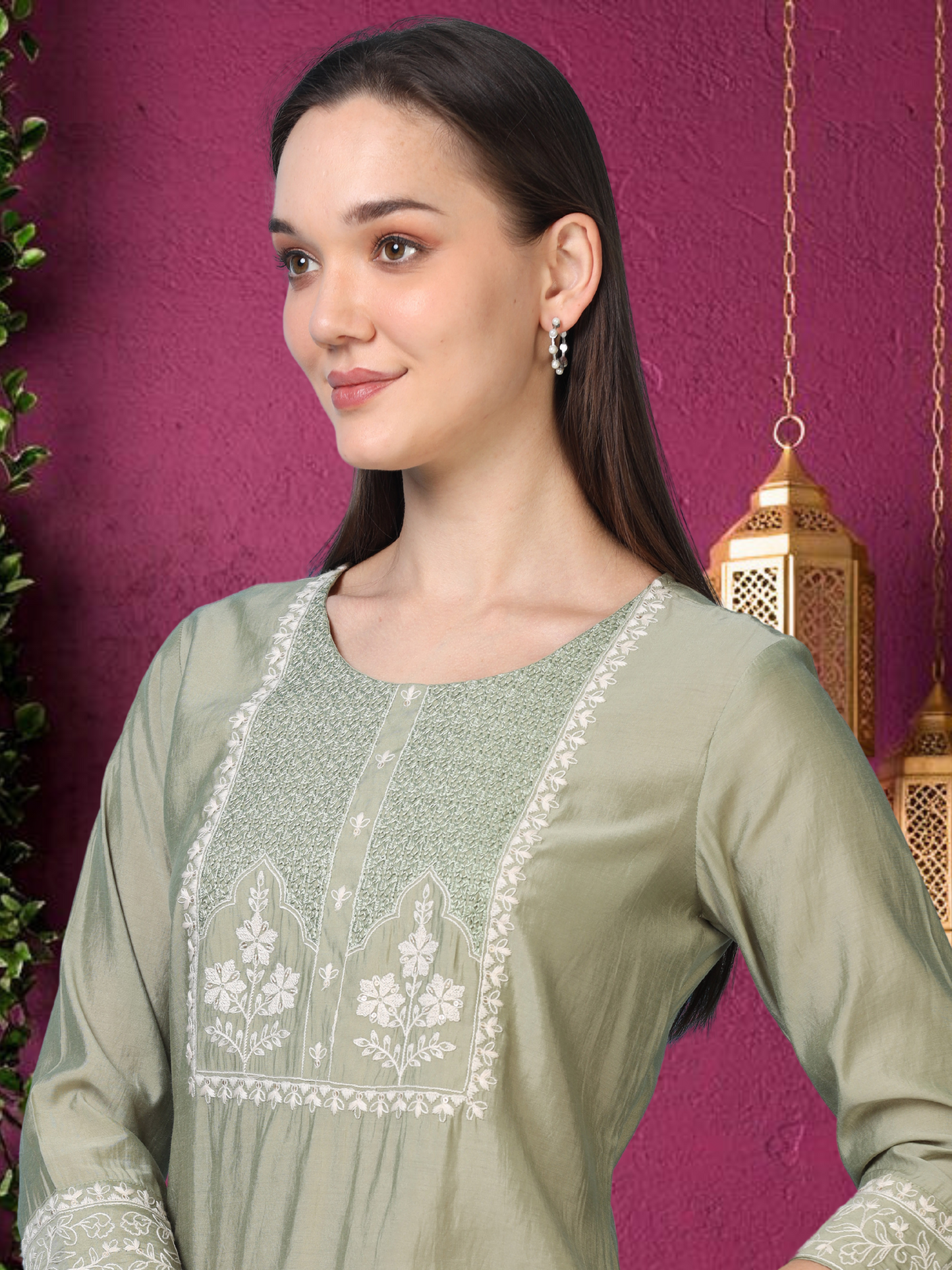 Olive Ease – Light Olive Threadwork Kurti (2AA-5-A10)