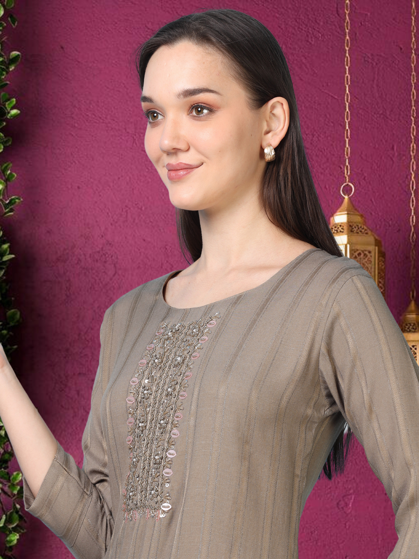 Cocoa Calm – Brown Cutdana Cotton-Blend Kurti (1KB-5-A13)