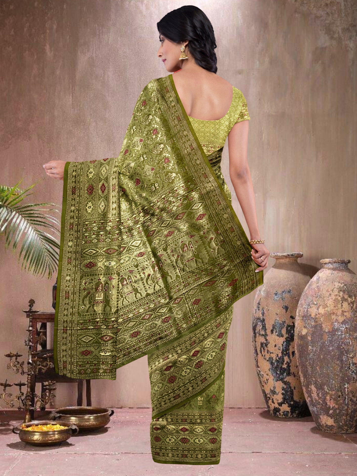 Olive Allure – Ikkat brocade saree with gold zari (OG-519018)