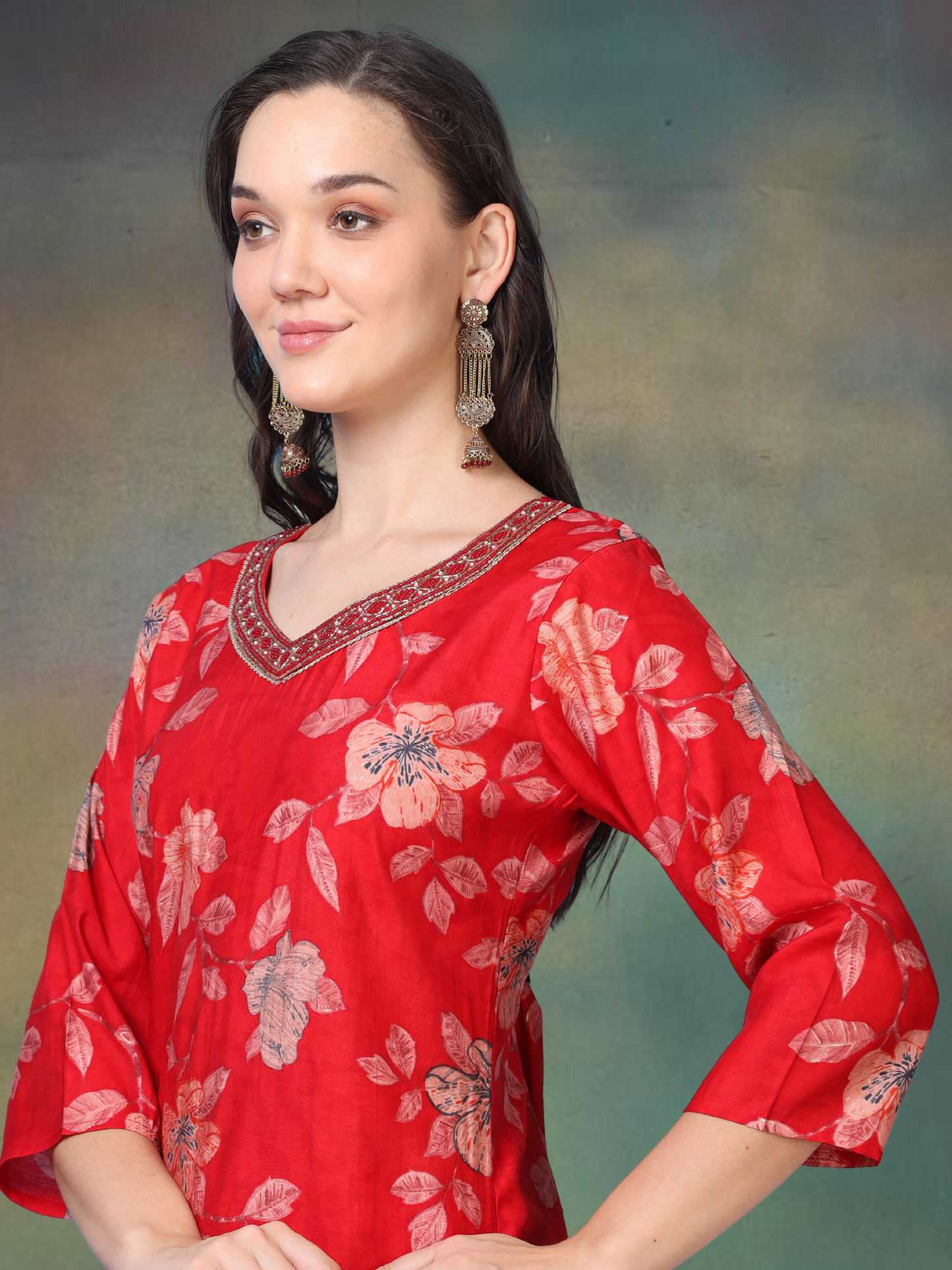 Scarlet Soirée – Red Printed Viscose-Cotton 3-Piece Set (1KI-2-C1)