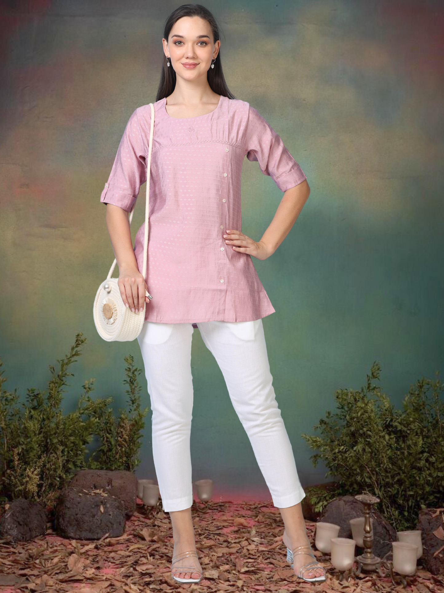 Blush Bloom – Self-Jacquard Pink Short Kurti (1NH-2-A18)