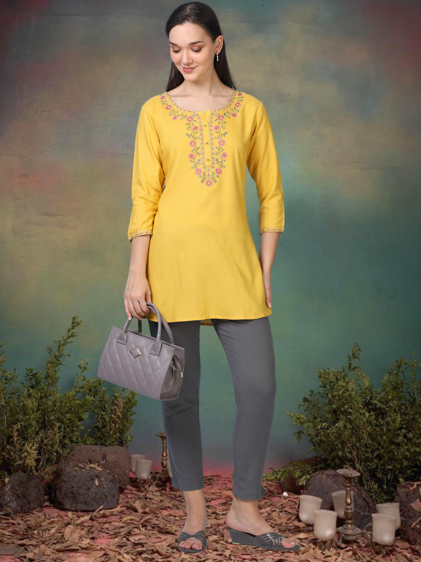 Yellow Sunny Bloom – Embroidered Short Cotton Kurti (2PS-4-A1)