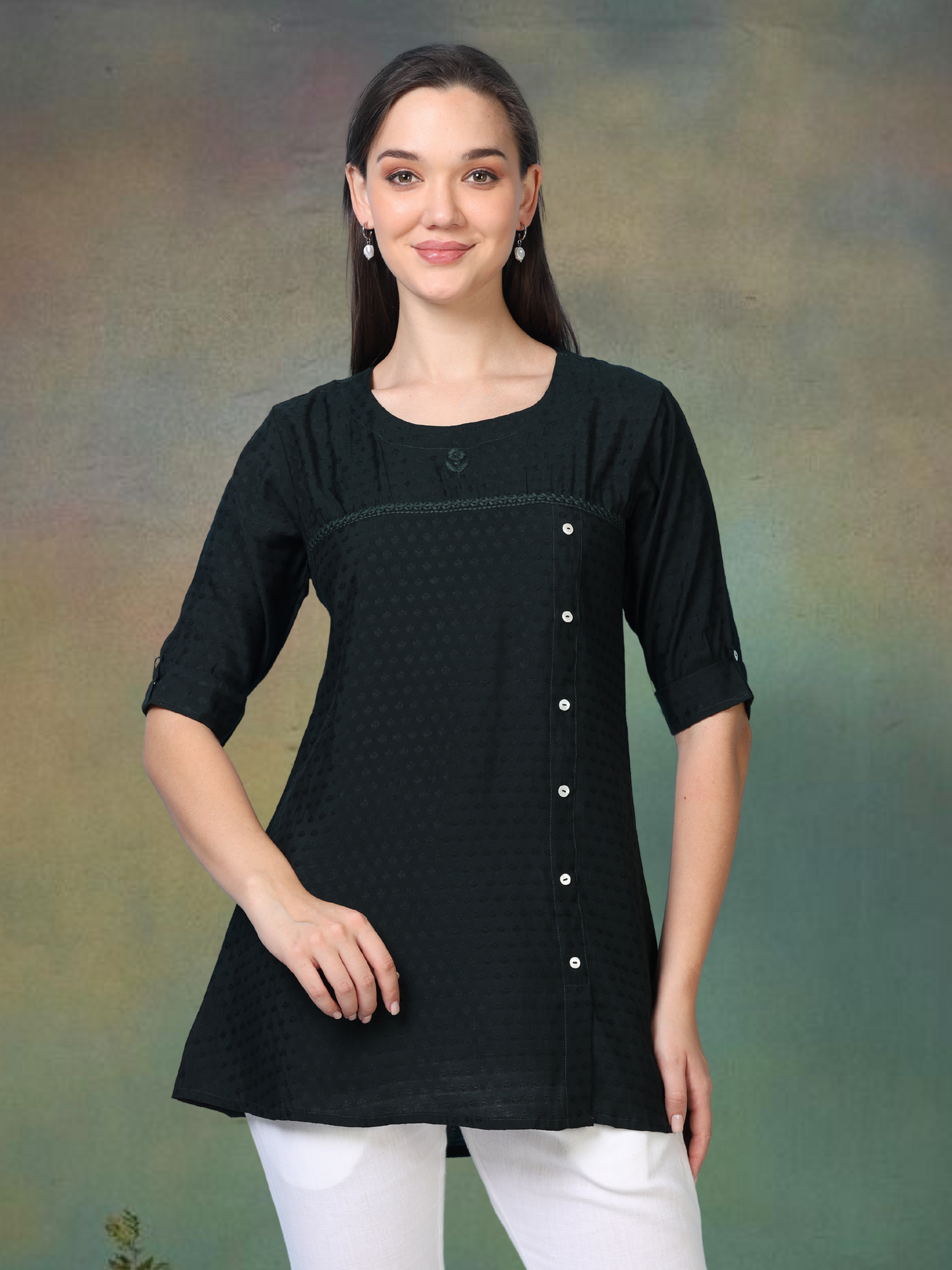 Midnight Muse – Self-Jacquard Black Short Kurti (1NH-0-A19)