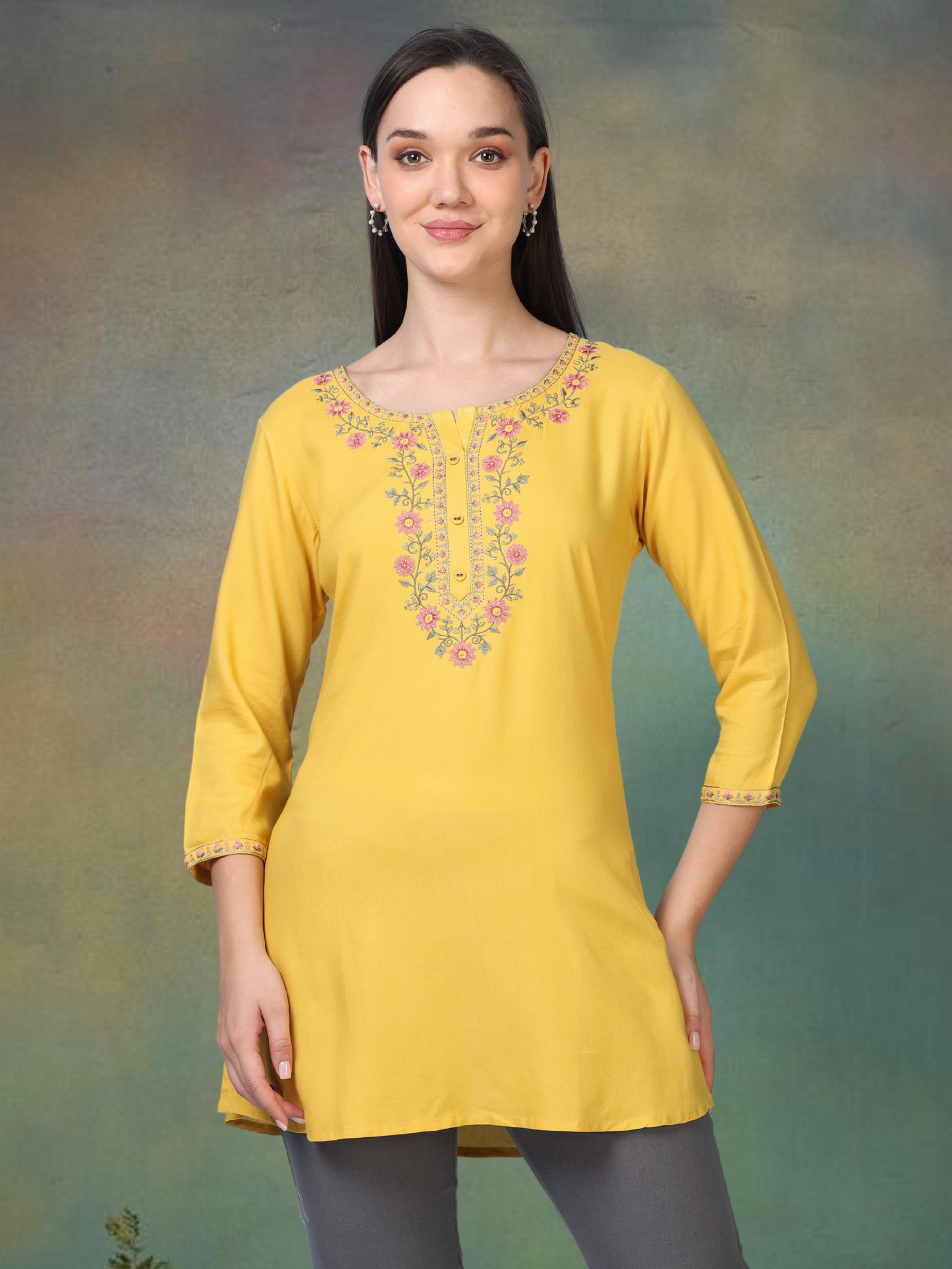 Yellow Sunny Bloom – Embroidered Short Cotton Kurti (2PS-4-A1)