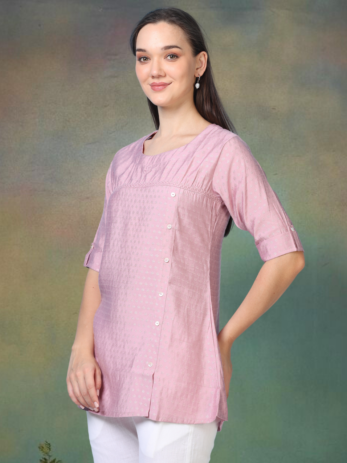 Blush Bloom – Self-Jacquard Pink Short Kurti (1NH-2-A18)