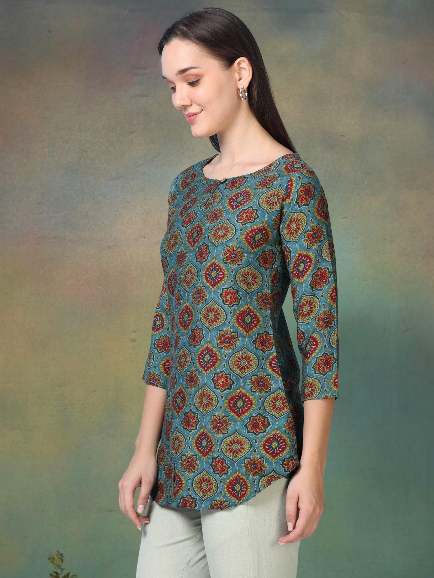 Skyline Charm – Printed Short Blue Cotton Kurti (1NH-6-A16)