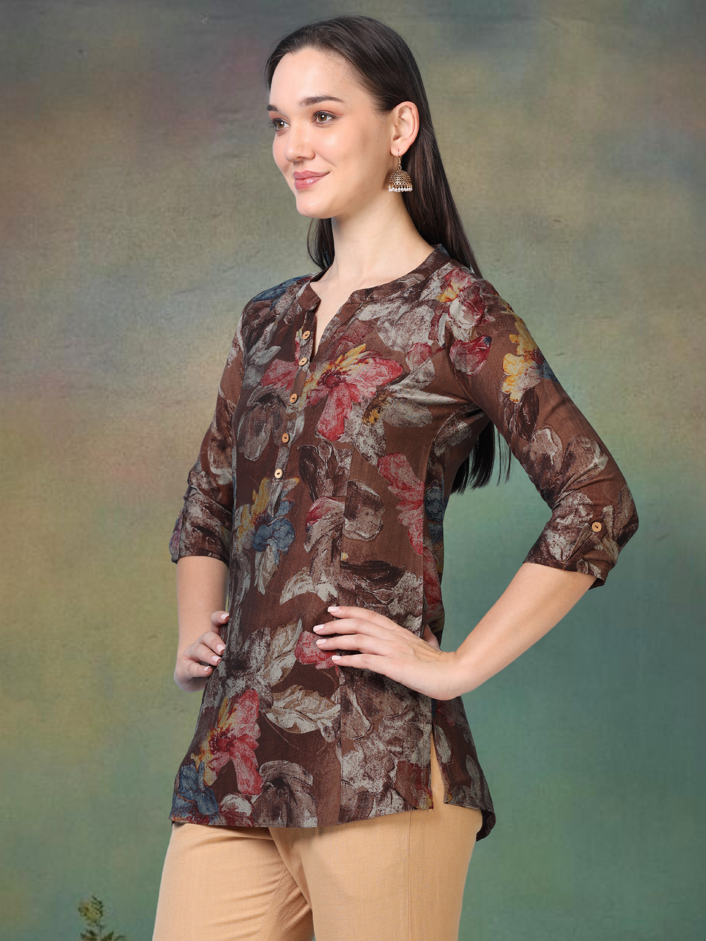 Mocha Bloom – Floral Printed Short Brown Cotton Kurti (1NH-1-A1)