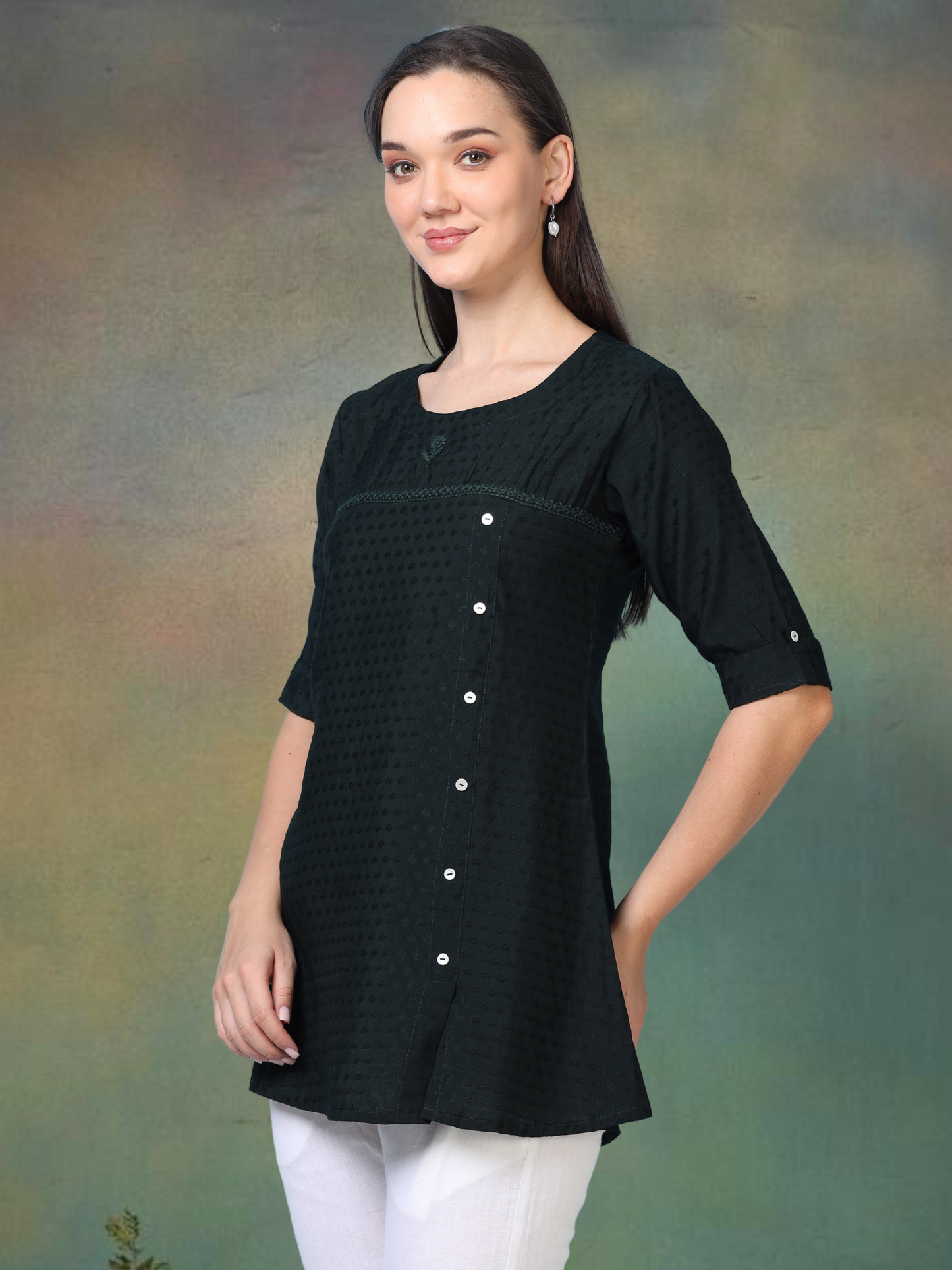 Midnight Muse – Self-Jacquard Black Short Kurti (1NH-0-A19)