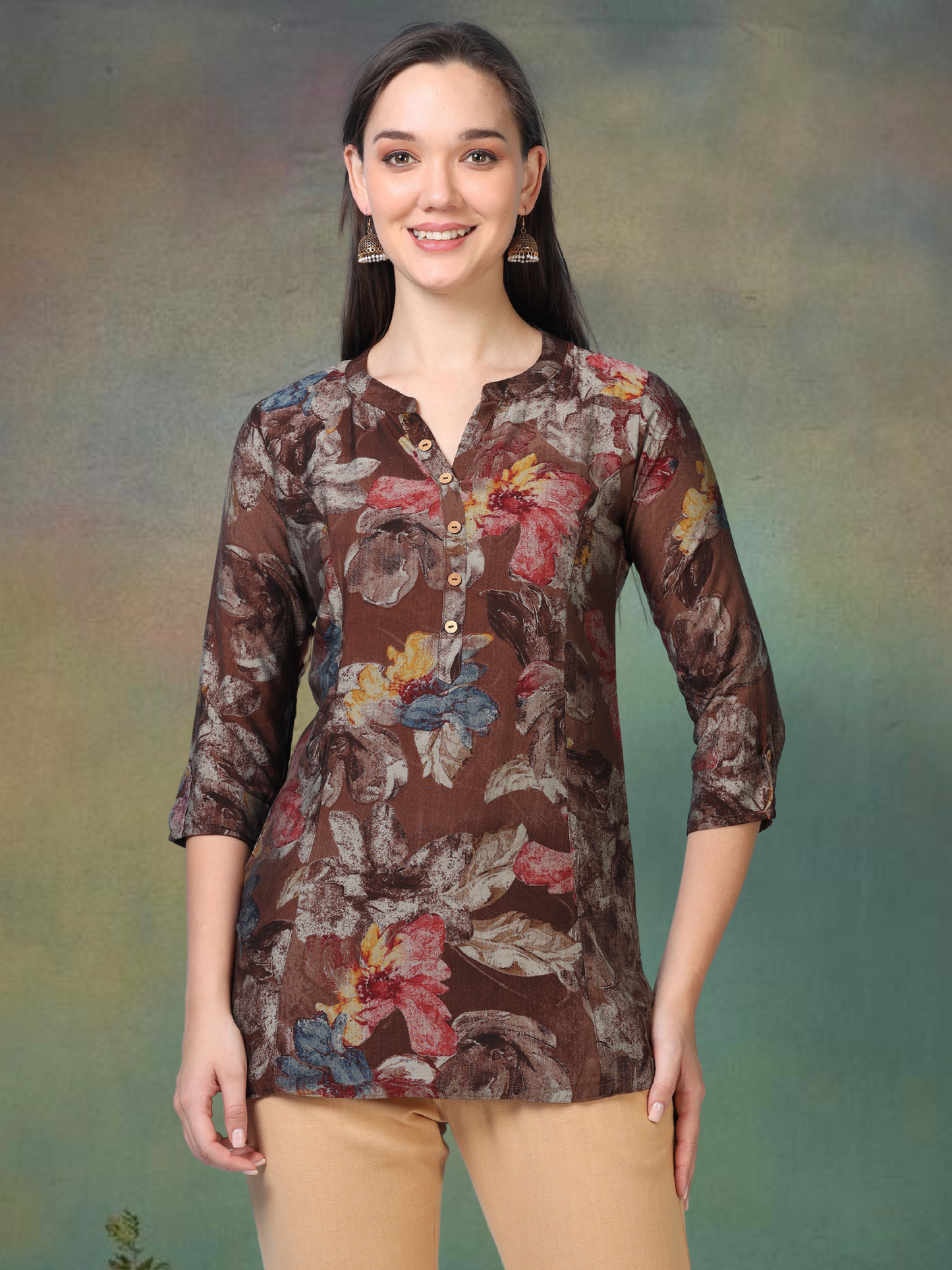 Mocha Bloom – Floral Printed Short Brown Cotton Kurti (1NH-1-A1)