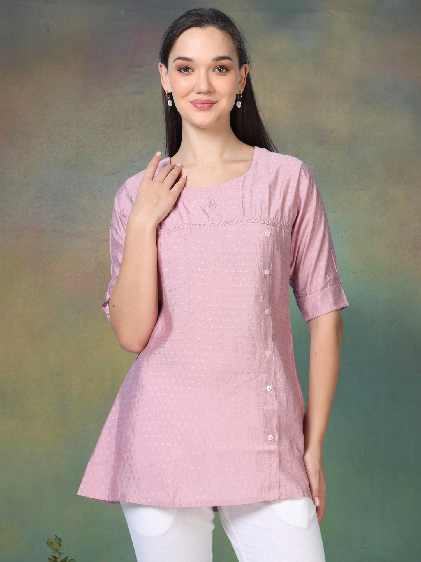 Blush Bloom – Self-Jacquard Pink Short Kurti (1NH-2-A18)