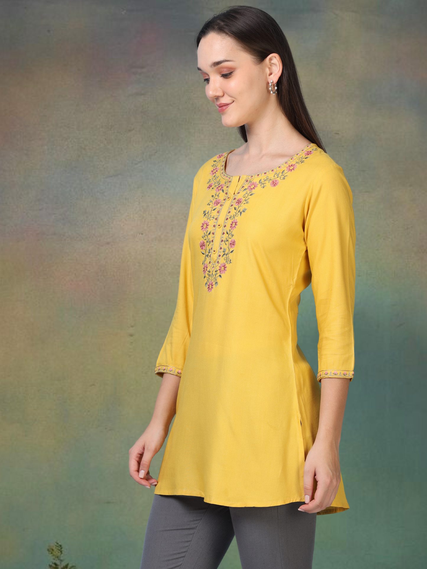 Yellow Sunny Bloom – Embroidered Short Cotton Kurti (2PS-4-A1)