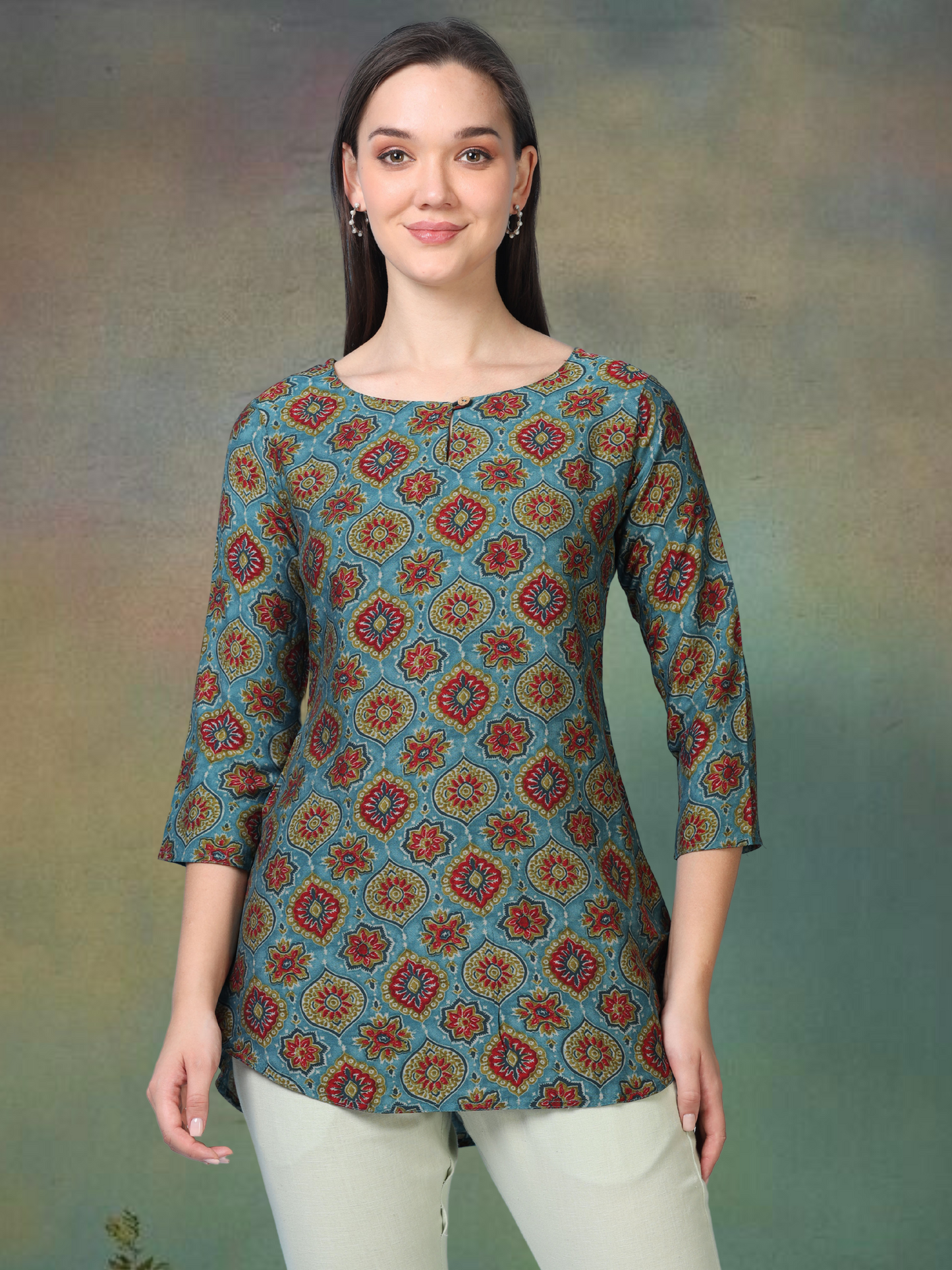 Skyline Charm – Printed Short Blue Cotton Kurti (1NH-6-A16)