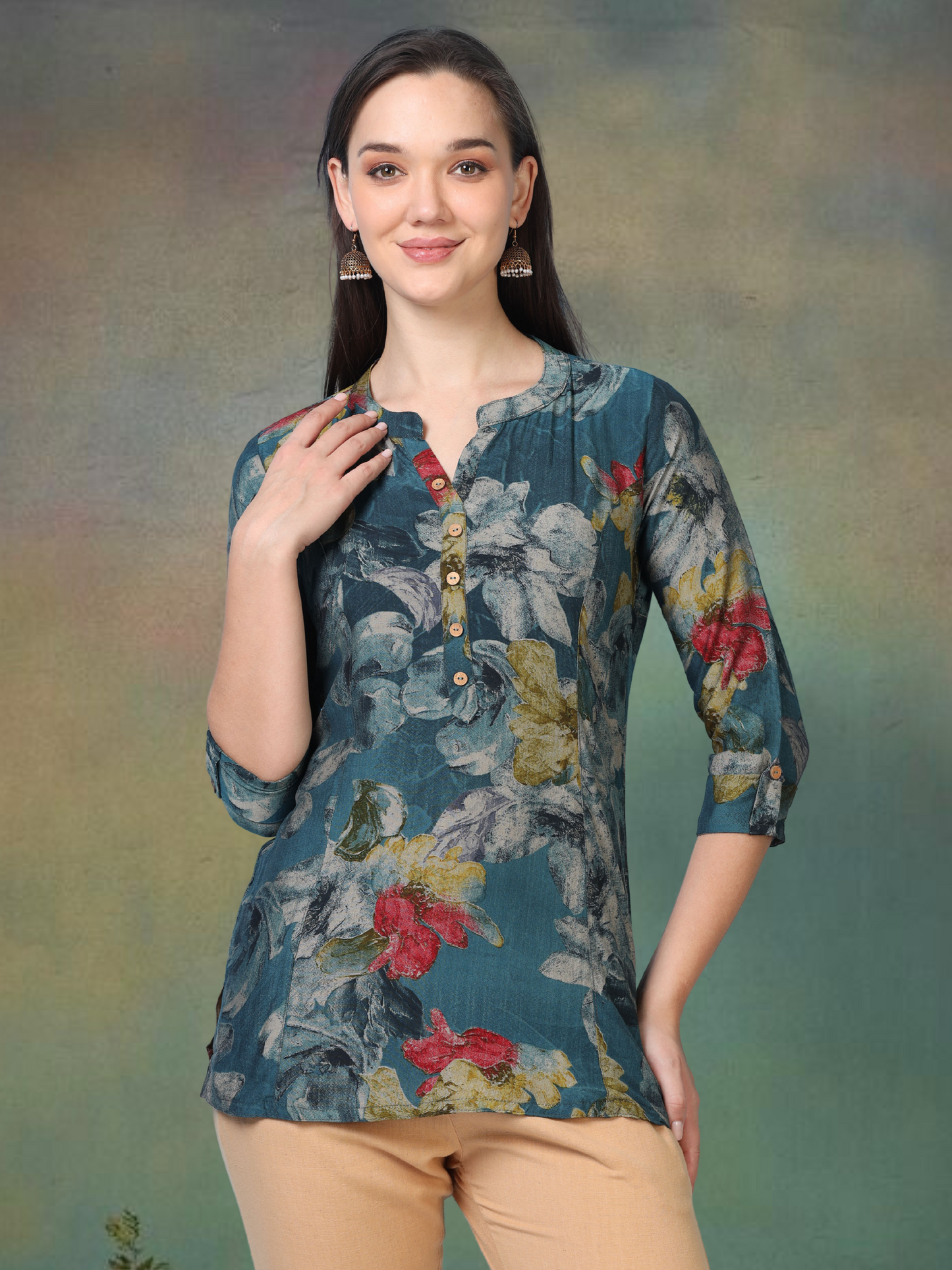 Sky Bloom – Floral Printed Short Blue Cotton Kurti (1NH-6-A2)