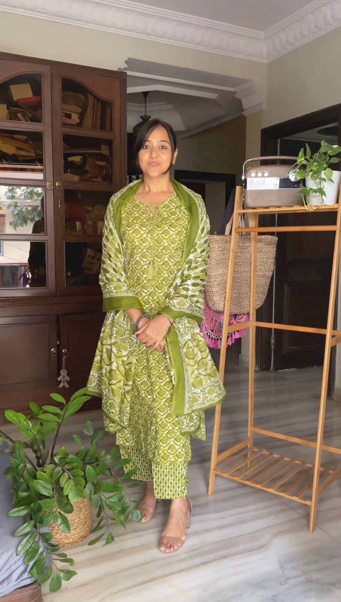 Green Sequined Glow – Cotton Straight Kurti 3-piece Set (2TP-5-C11)