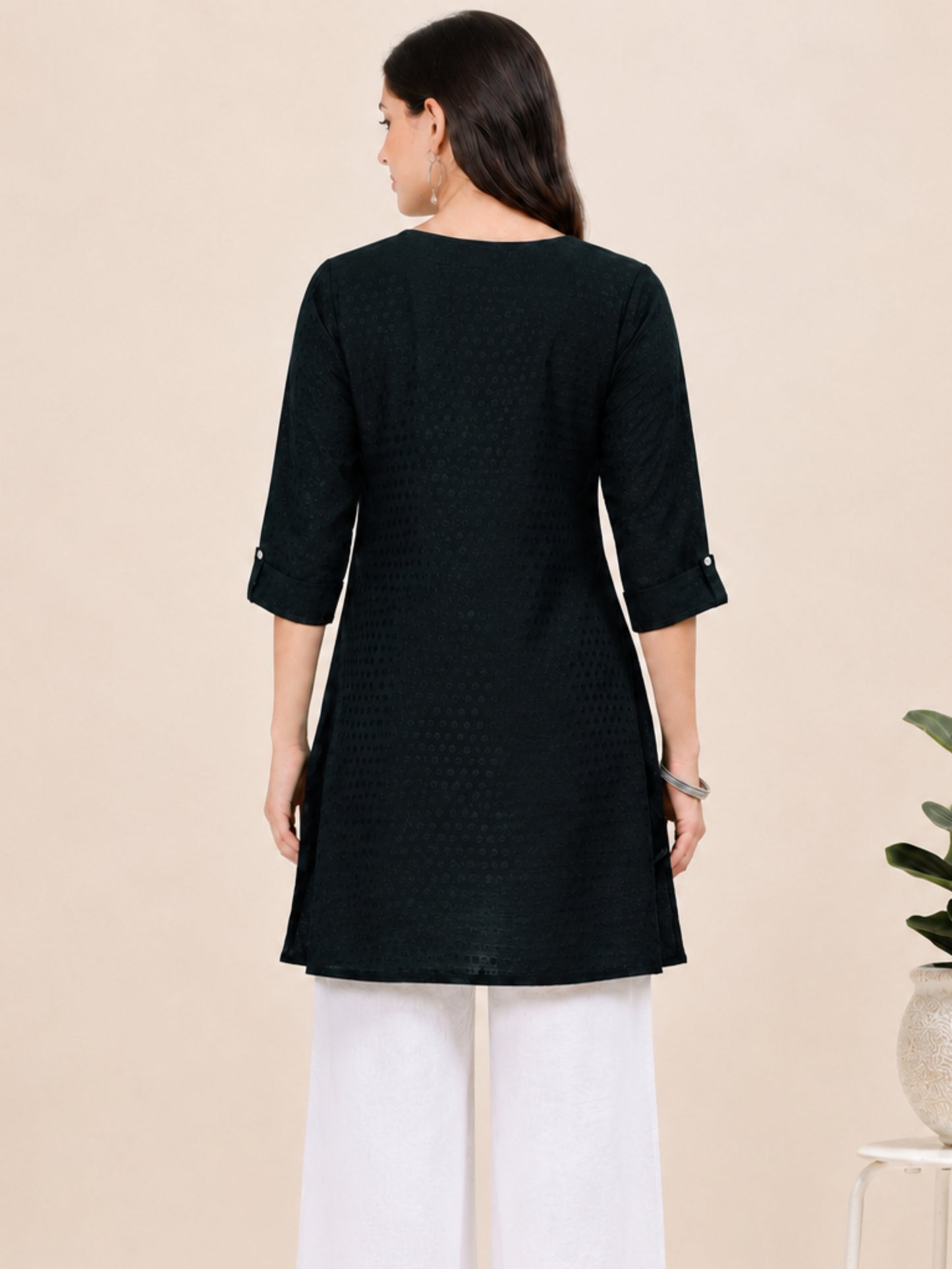 Midnight Muse – Self-Jacquard Black Short Kurti (1NH-0-A19)