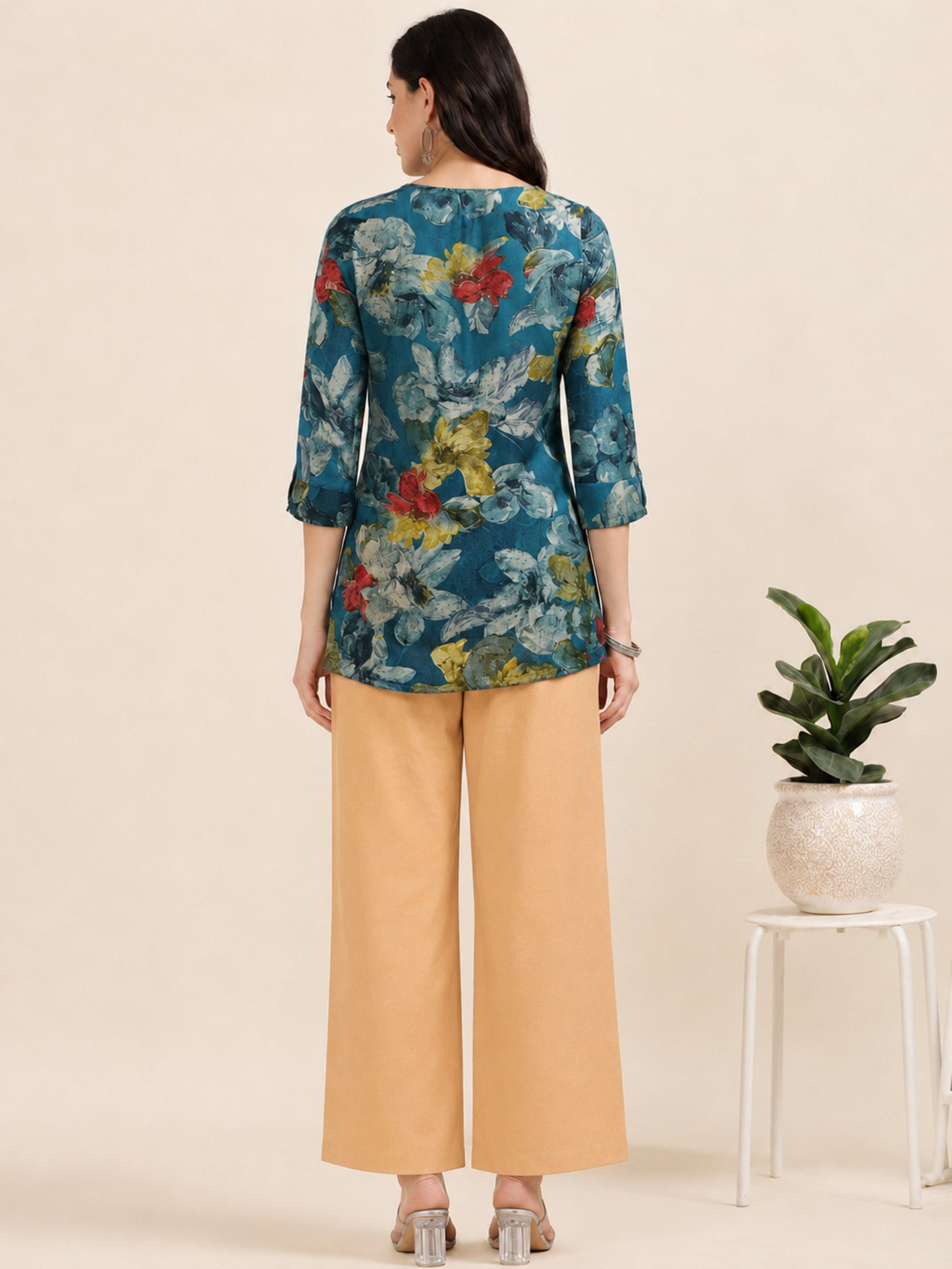 Sky Bloom – Floral Printed Short Blue Cotton Kurti (1NH-6-A2)
