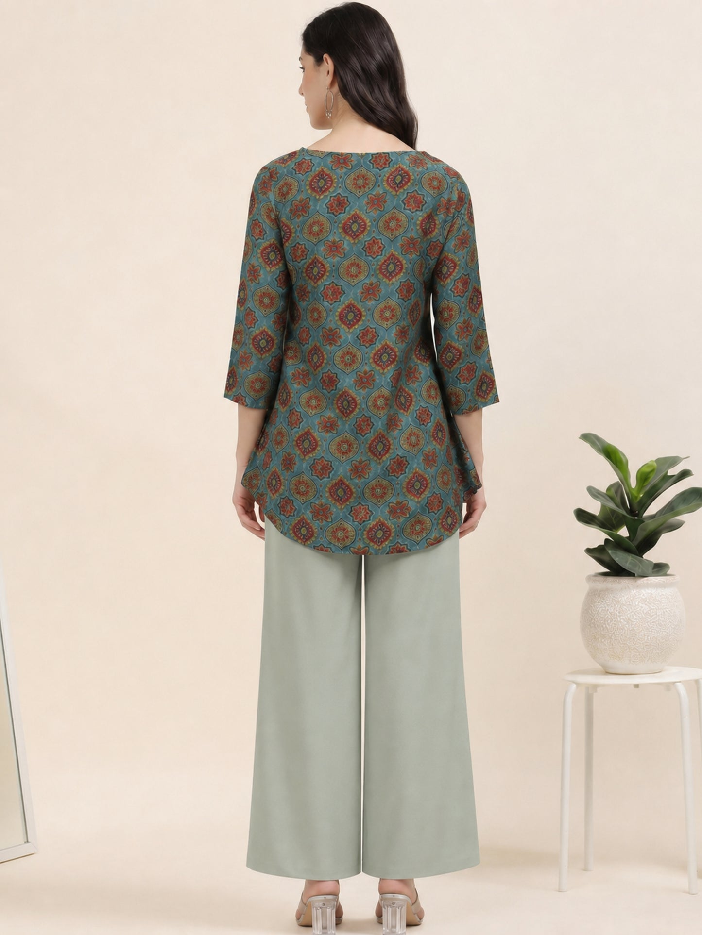 Skyline Charm – Printed Short Blue Cotton Kurti (1NH-6-A16)