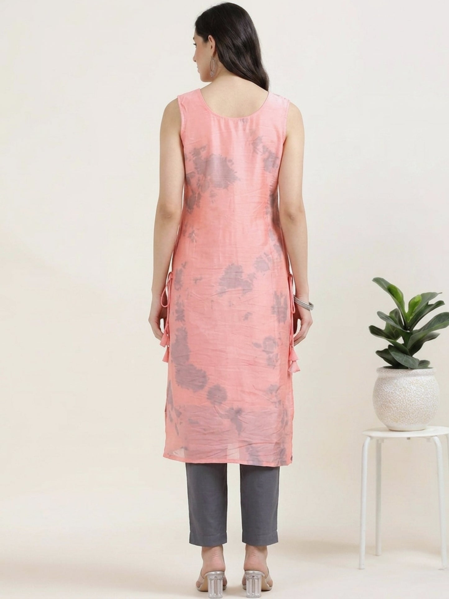 Pink Power Drip – Sleeveless Shibori Silk-Blend Kurti (1JD-2-A3b)