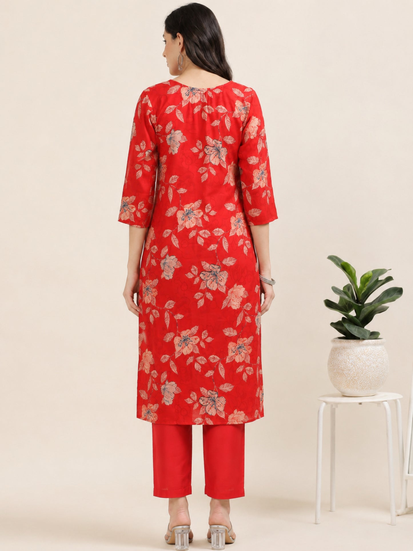 Scarlet Soirée – Red Printed Viscose-Cotton 3-Piece Set (1KI-2-C1)