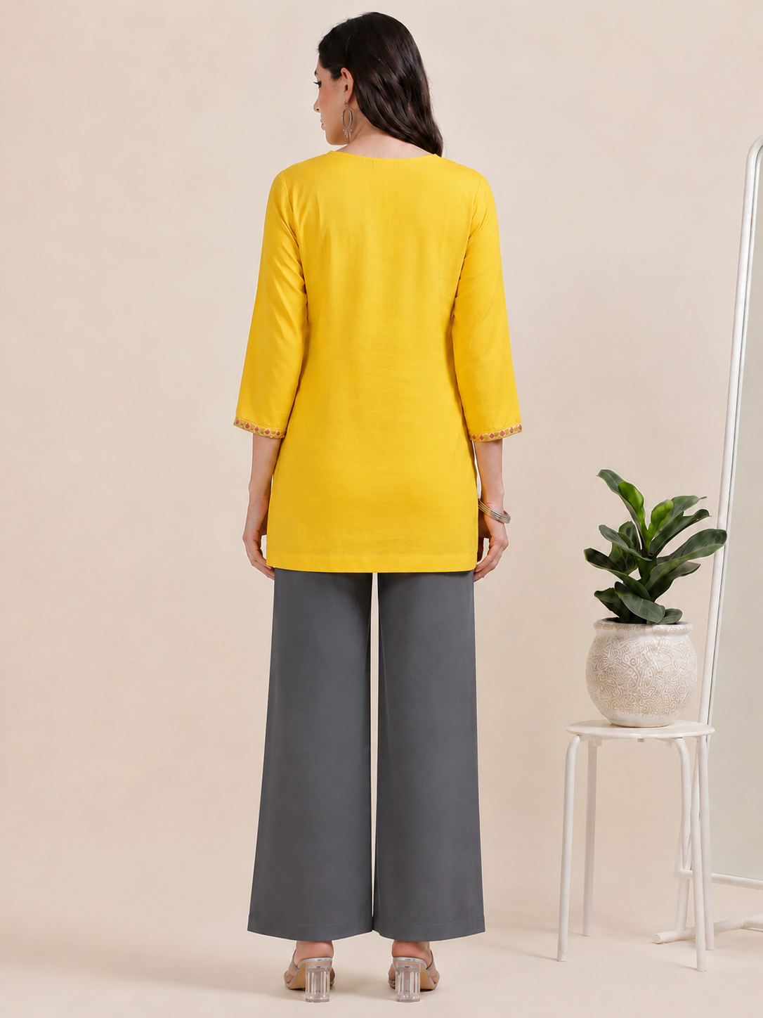 Yellow Sunny Bloom – Embroidered Short Cotton Kurti (2PS-4-A1)