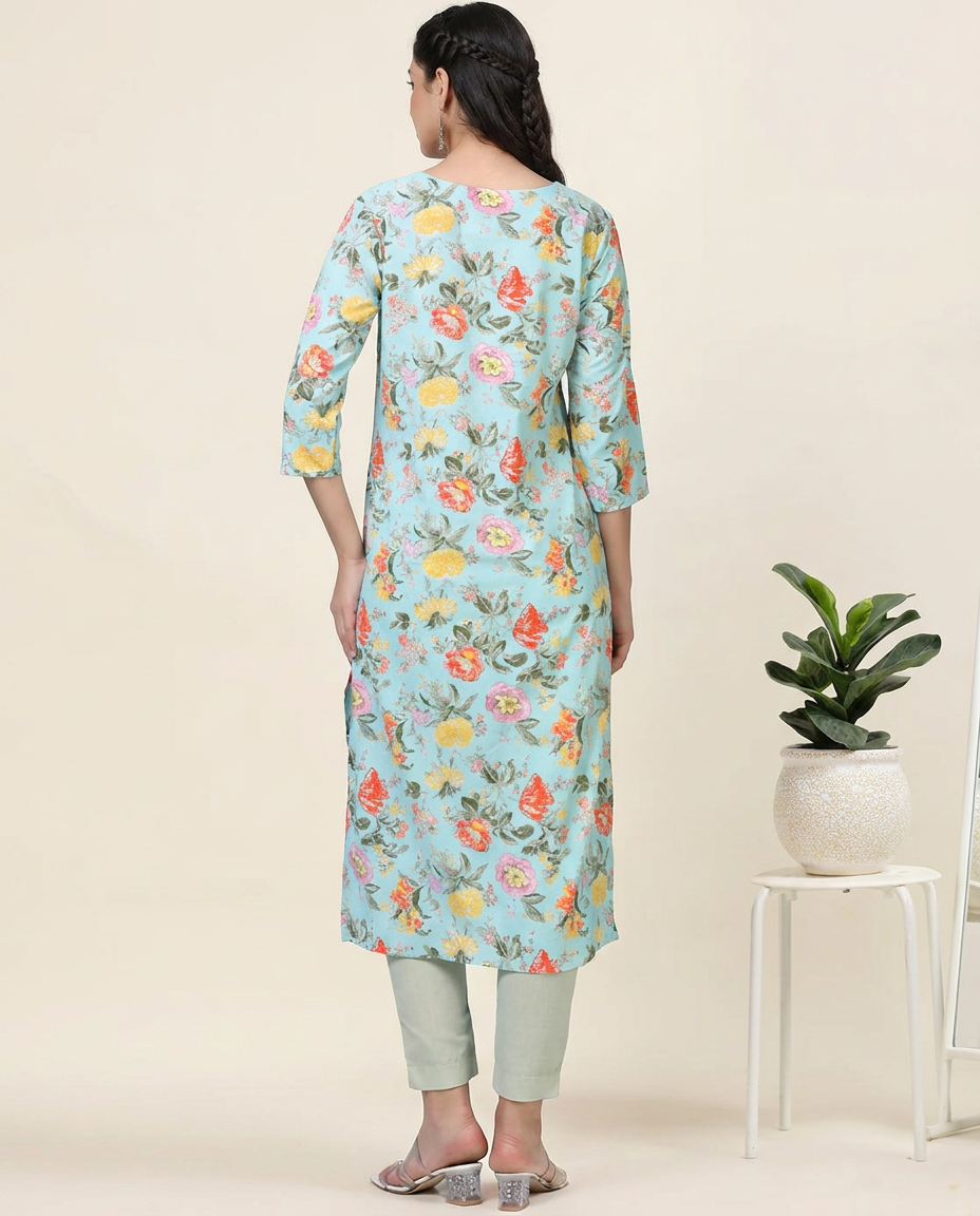 Bloom Flower – Light Blue Printed Cotton Kurti (2TP-6-A6)
